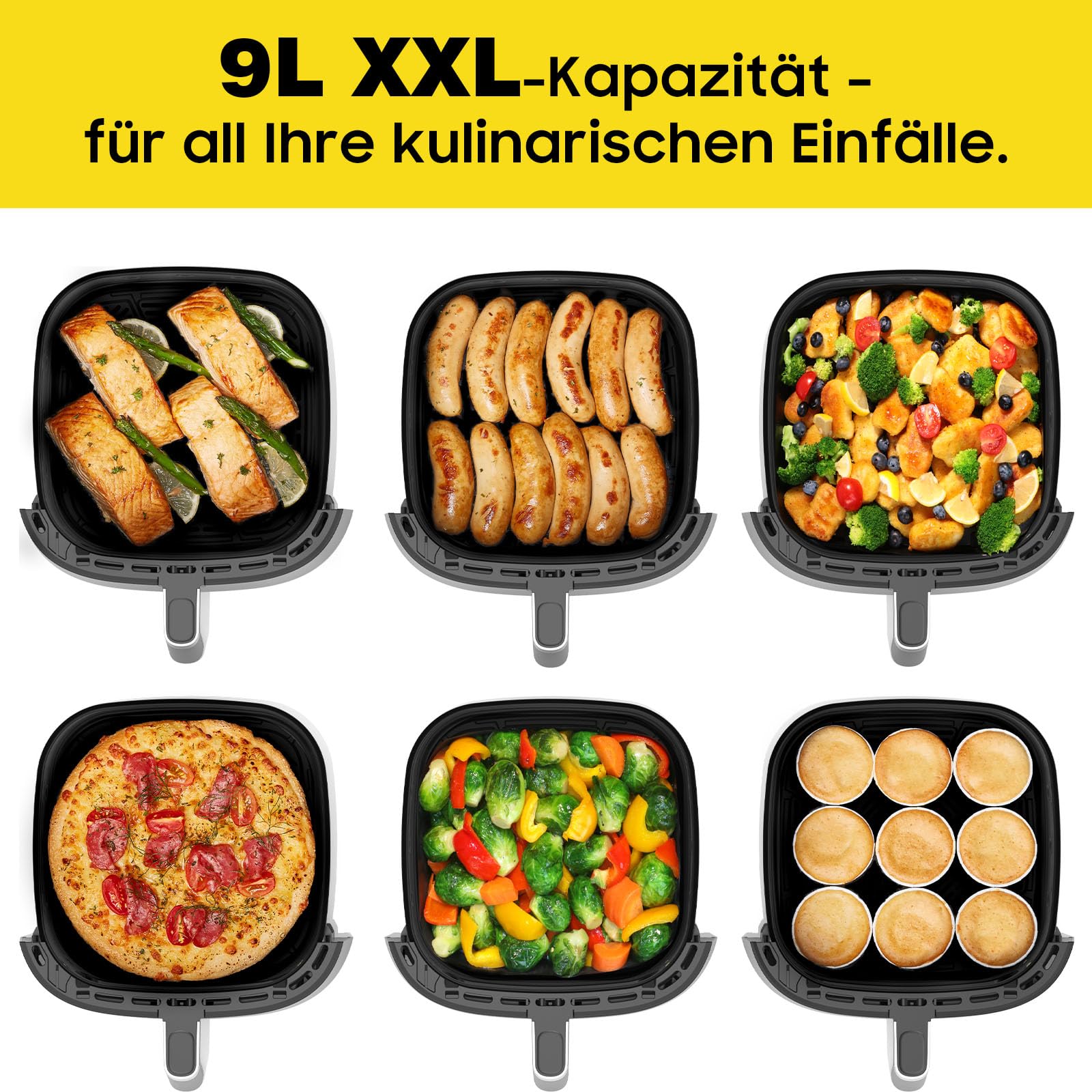 Air Fryer XXL 9 L - 2350 W Friteuse à air avec grande fenêtre, cuisson rapide, 9 programmes, écran tactile LED, alimentation secteur et intérieur en métal