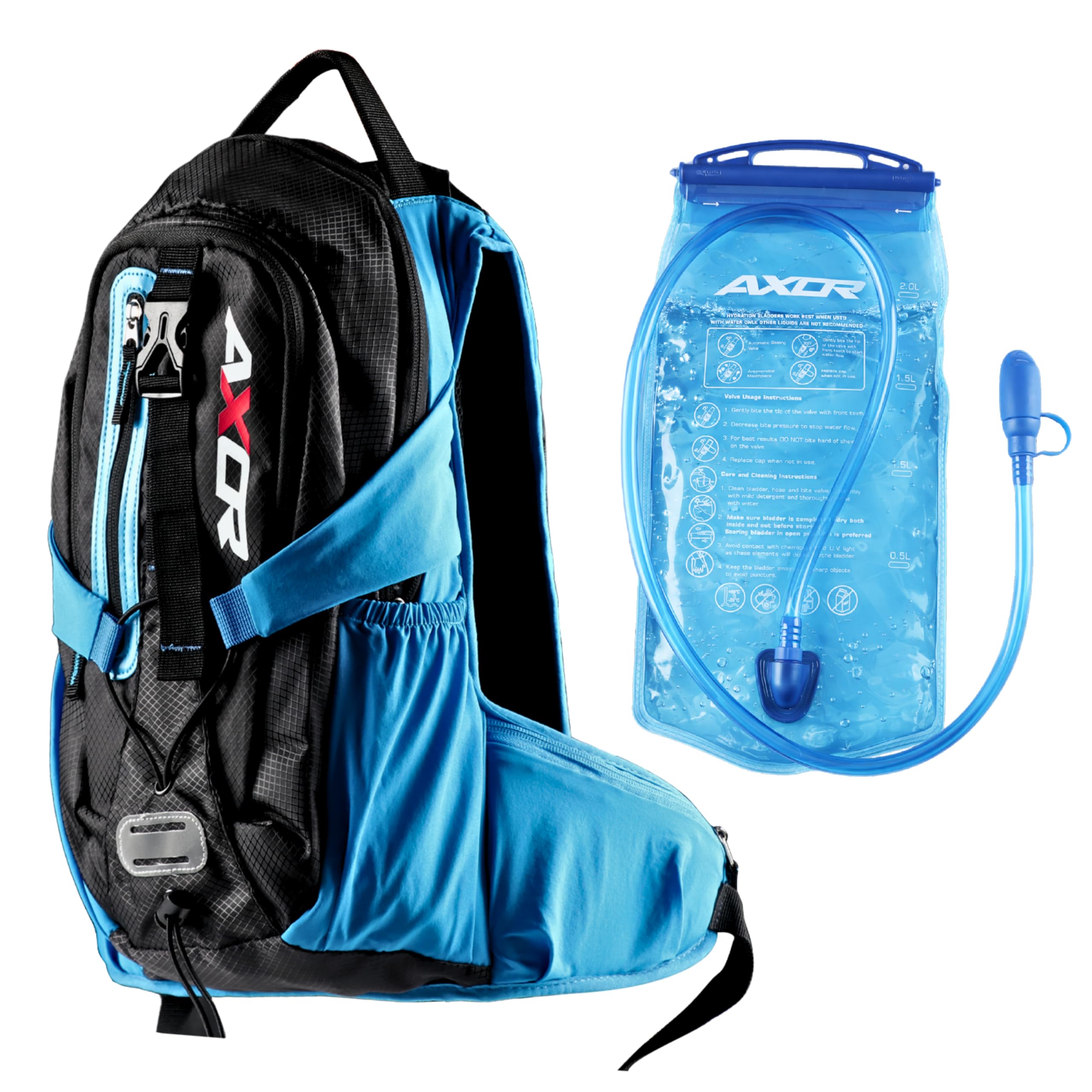 Axor Oasis Hydration Backpack with 2L Water Bladder, Leakproof Hydration Pack, Lightweight & Breathable with Storage Compartments, Adjustable Straps for Cycling & Riding – Black Blue-picture-24