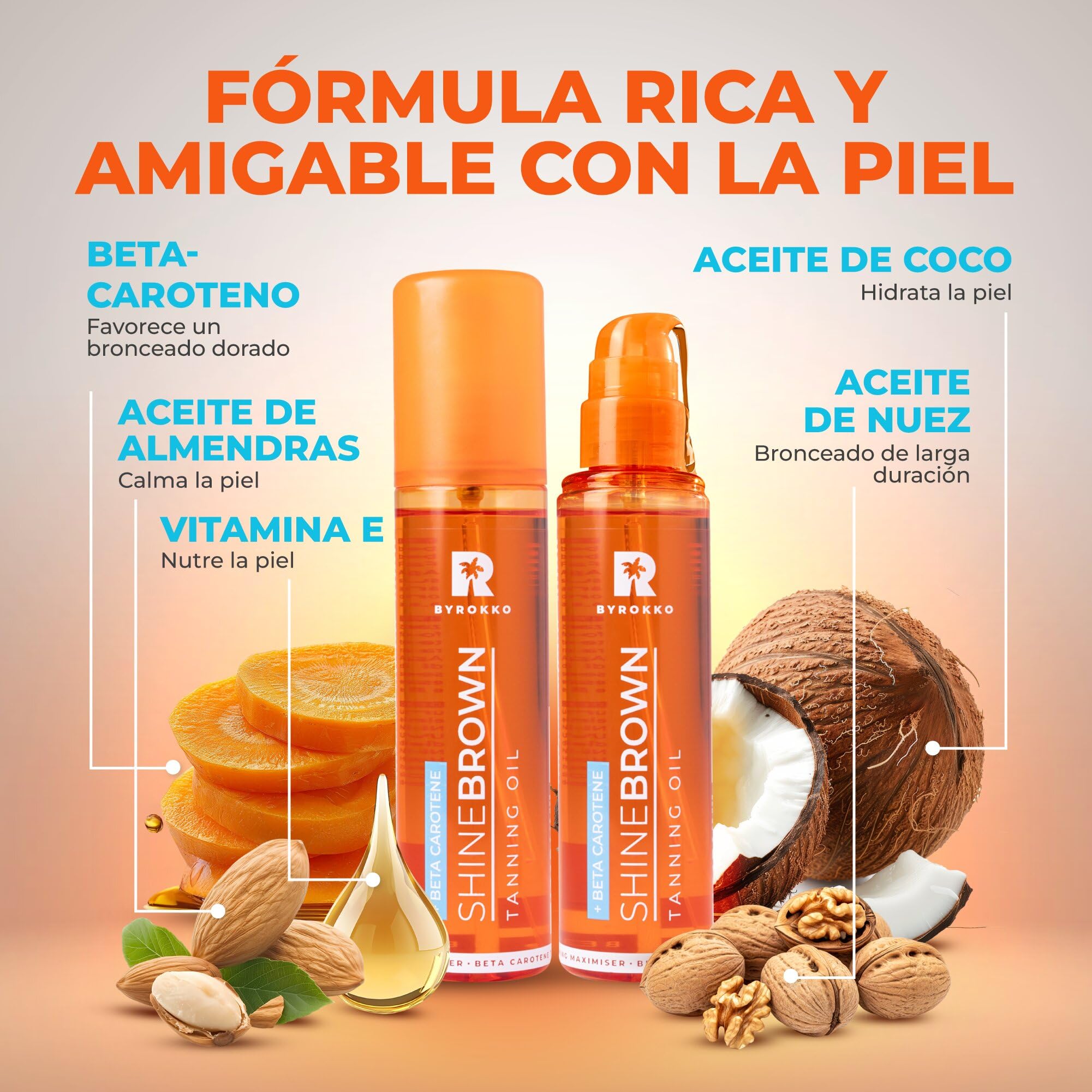 BYROKKO Shine Brown - aceite de bronceado de betacaroteno (150 ml), acelerador para tumbonas y sol al aire libre, para maximizar el bronceado definitivo