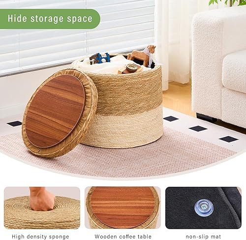 Miniatura 68 de Wimarsbon Puf otomano de 18 pulgadas, puf trenzado natural, puf rústico de tejido a mano, taburete reposapiés bohemio para dormitorio, mesa Cáscara