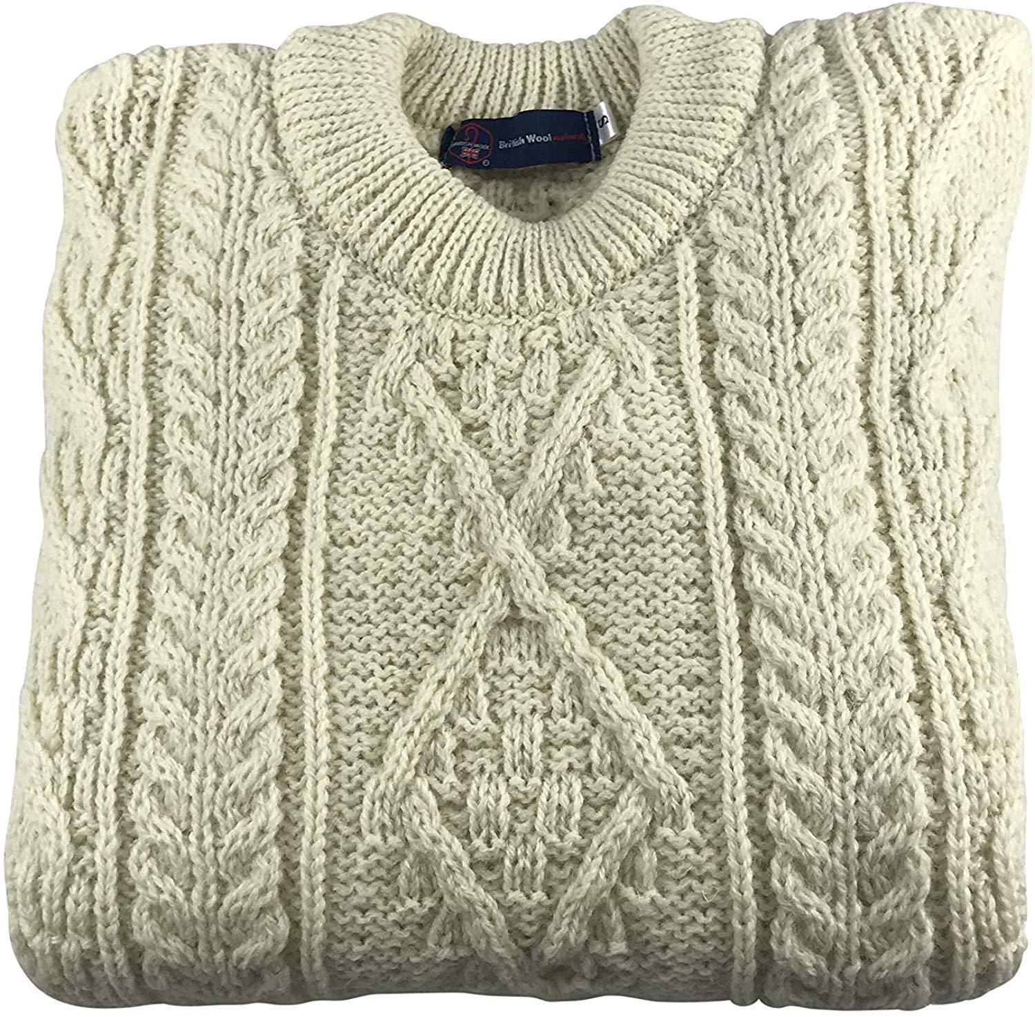 British Wool Unisex Authentic Long Sleeved Crew Neck Arran Jumper - Made in UK (Cream) (Medium)