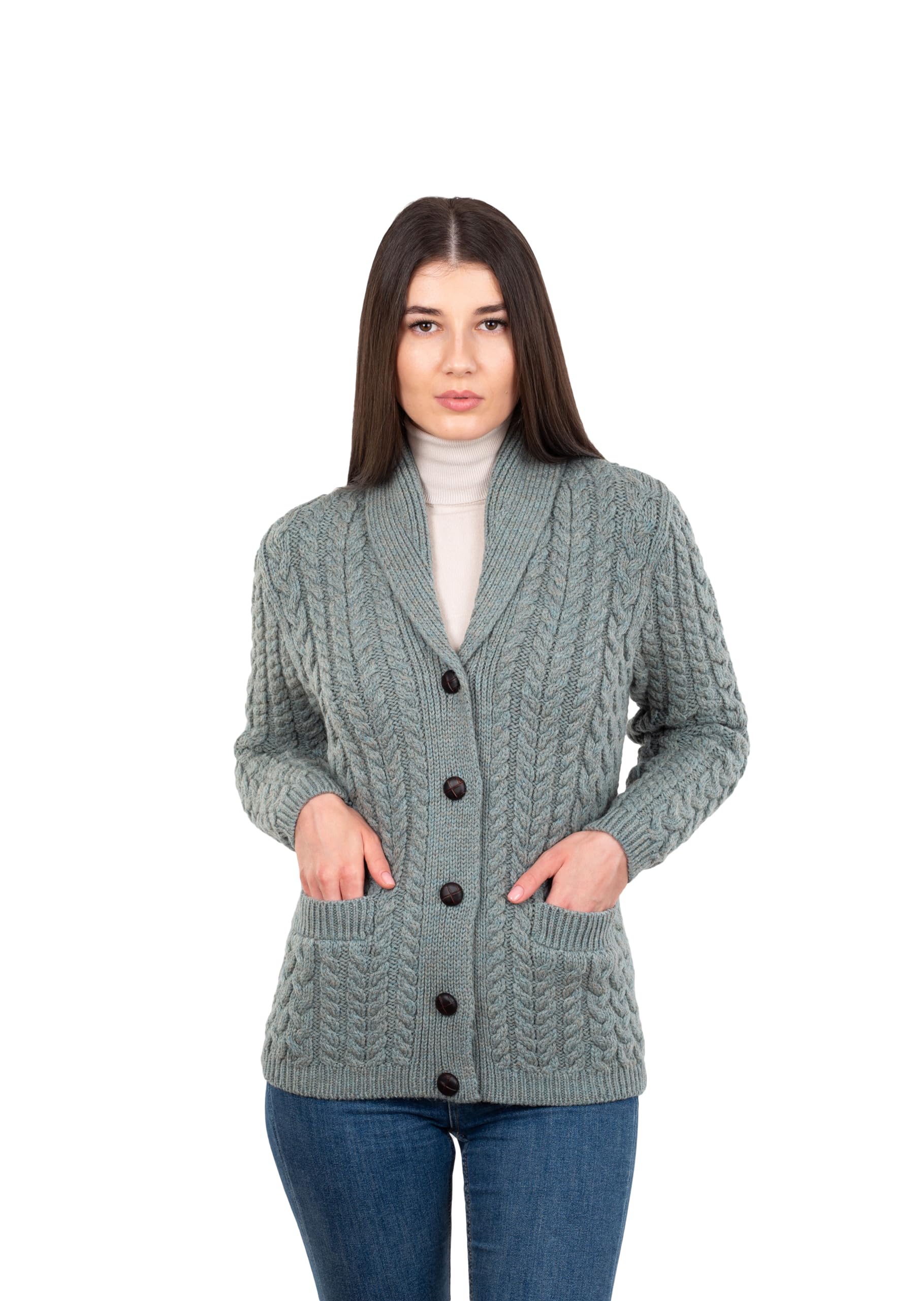 SAOL Shawl Neck Aran Cardigan for Ladies 100 Merino Wool Buttoned V-Neck Sweater with Pockets Made in Ireland