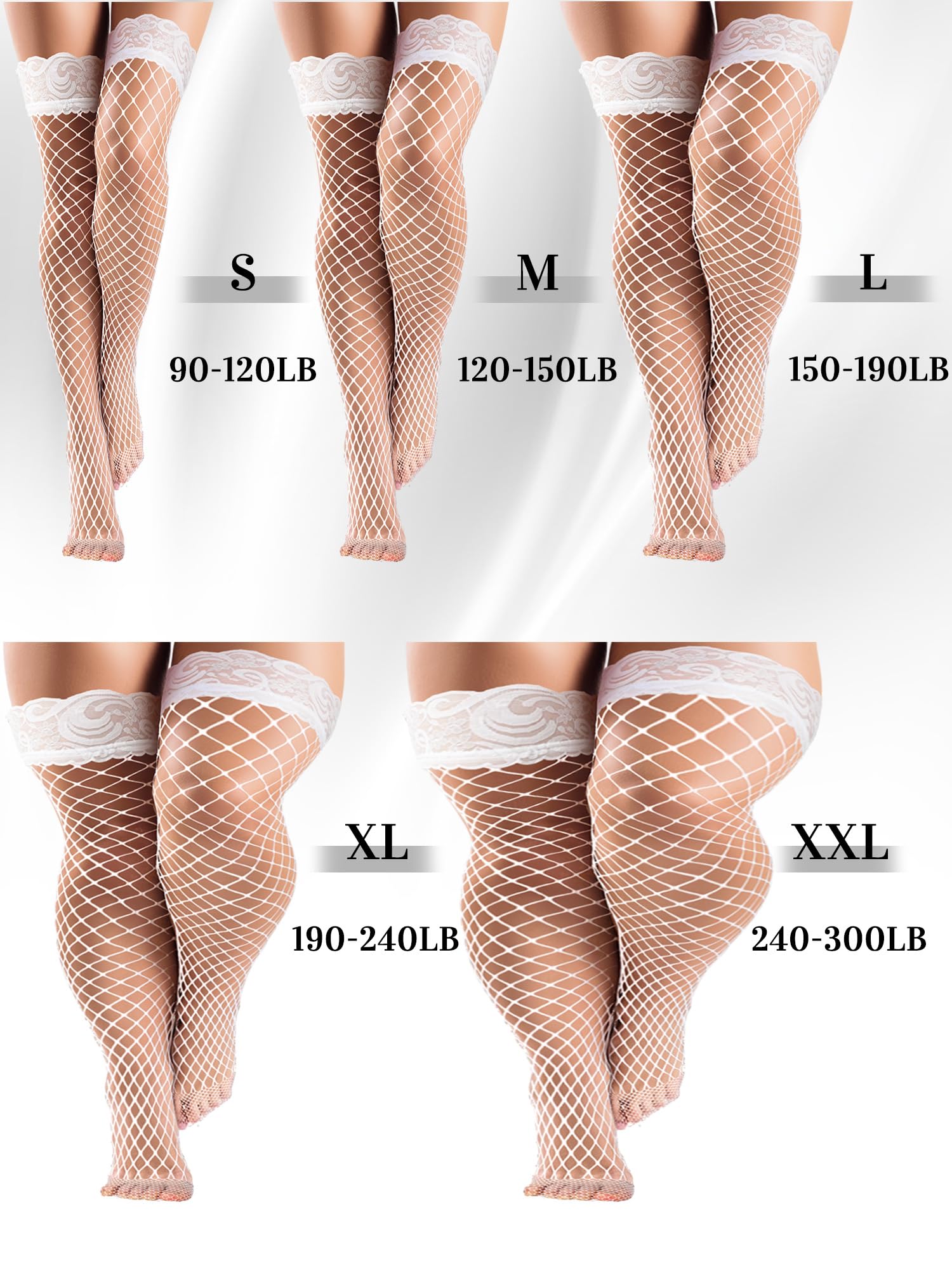 Bencailor Fishnet Thigh High Stocking for Women Silicone Lace Top Sheer Over Knee Stockings: White, Black X-Large
