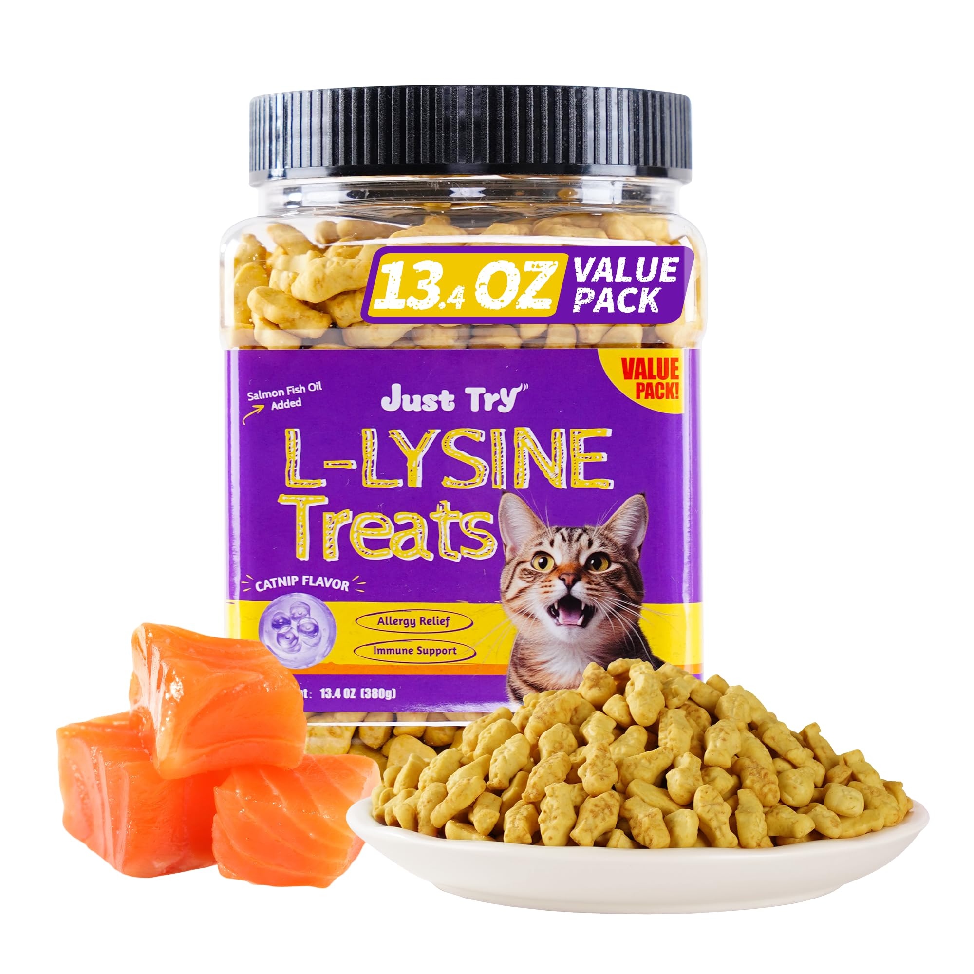 Just Try 13.4 OZ Lysine Cat Treats Natural Salmon Flavor Healthy Cat Training Biscuits Snacks Lysine Dental Care Treats for Cats & Kittens
