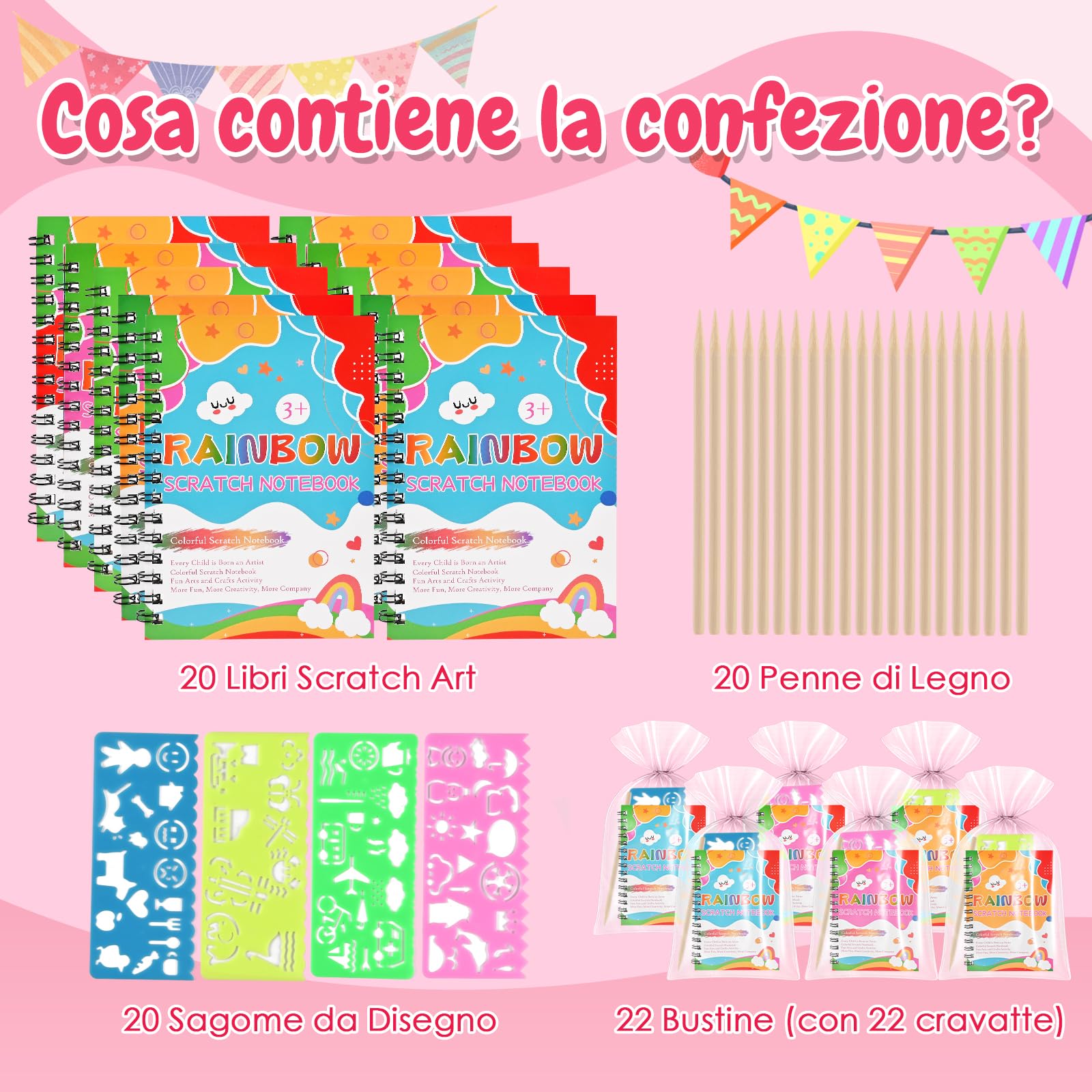 GOLDGE Libri Scratch Art Bambini, 20 Set Gadget Compleanno Bambini | con Stencil, Scratch Notebook, Sacchetti, Penne in Legno, Regalini Fine Festa Compleanno per Bambini 3-12 Anni