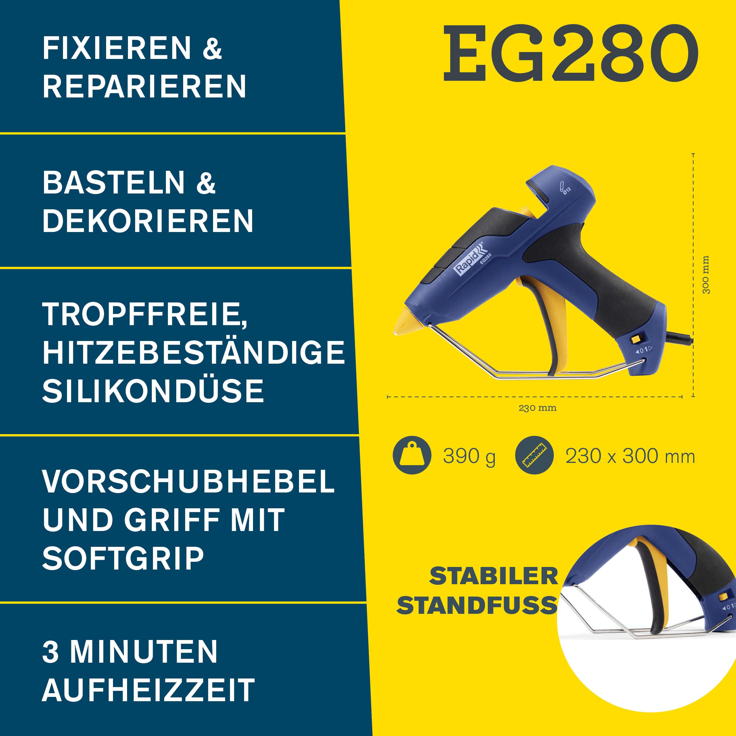 Rapid EG280 Heißklebepistole für 12mm Klebesticks, 600g/Std., 3 Min Aufheizzeit, Soft-Grip-Griff, Auswechselbare Düse, Fester Standfuß - für Heimwerker & Bastler