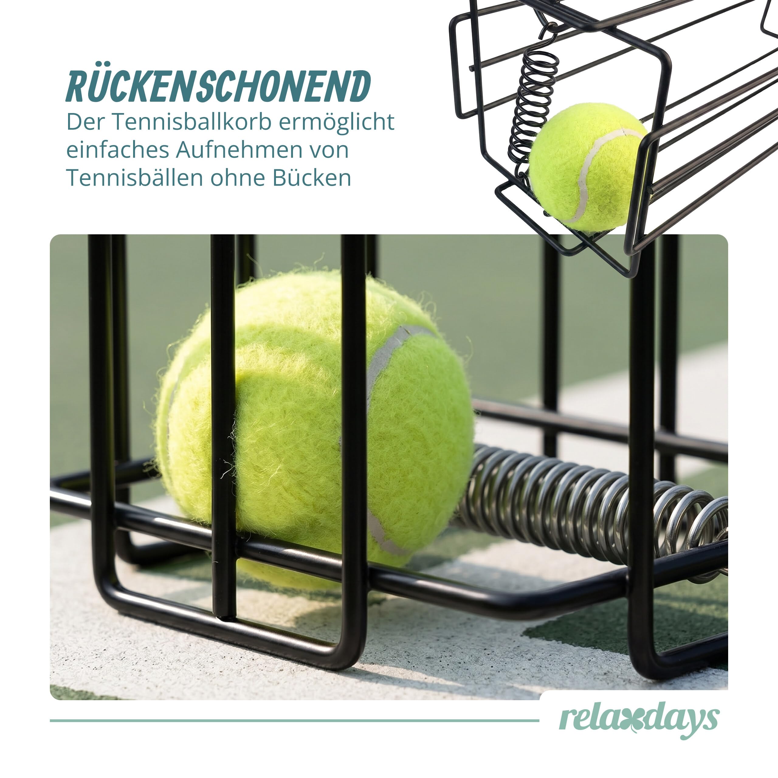 Relaxdays Tennis Korb, klappbare Griffe, Metall, HxBxT: 40,5 x 14 x 14 cm, Tennisballkorb, Tennisball Sammler, schwarz