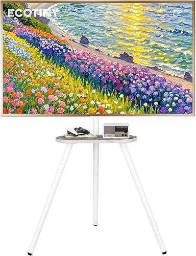 Soporte de TV Tipo Caballete de trípode para Pantallas de 43 a 65 Pulgadas | Soporte de pie de altura ajustable con bandeja de madera, Soporta hasta 35kg, Ideal para dormitorio y sala de estar, Blanco