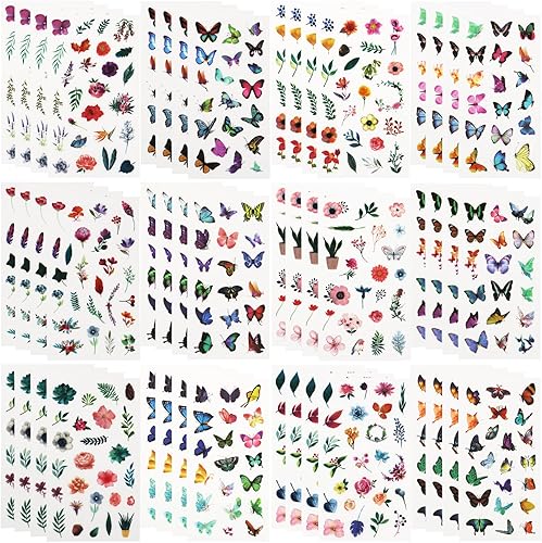 Juego de 48 hojas de calcomanías de planificación, flores y mariposas, colección de calcomanías adhesivas decorativas para álbumes de recortes,