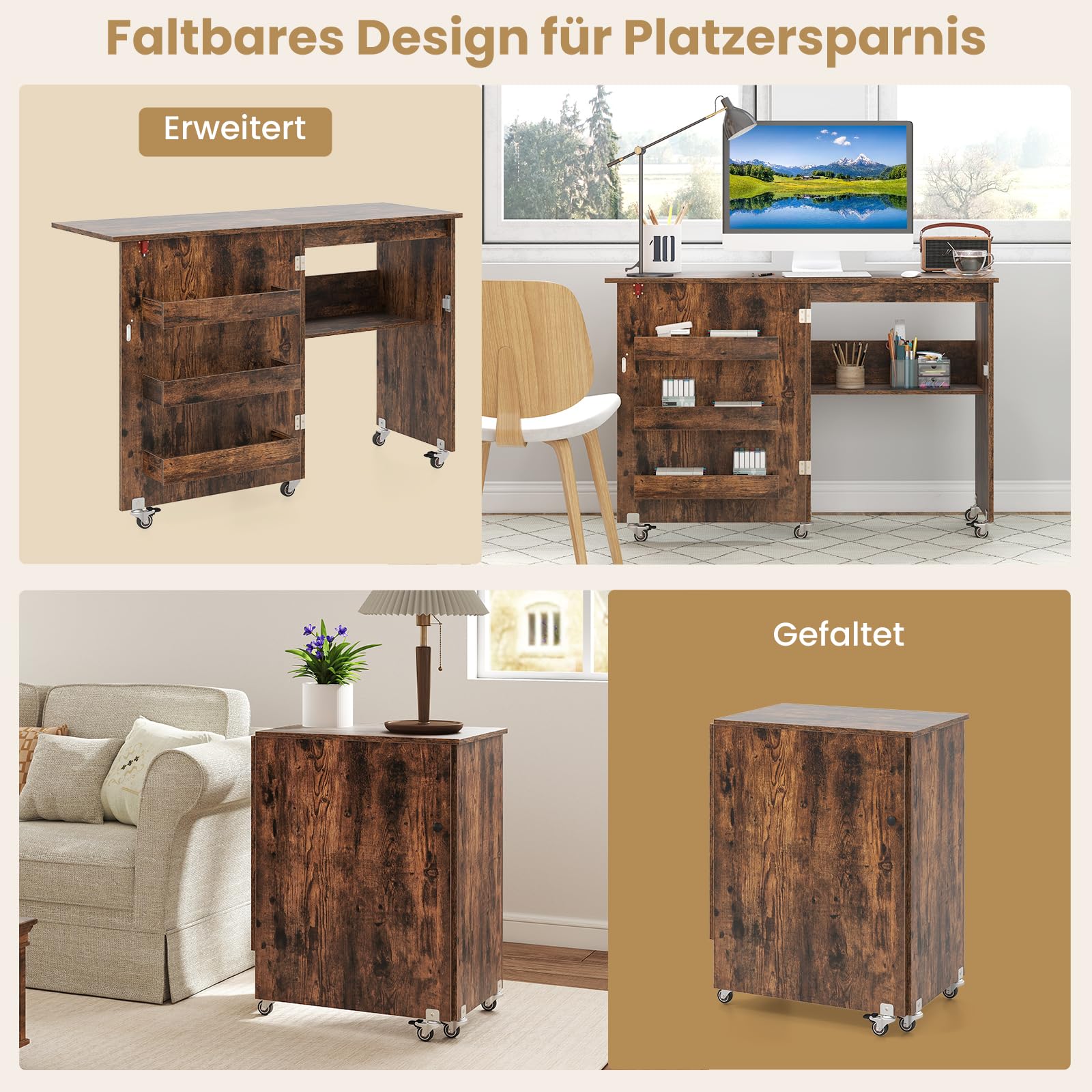 COSTWAY 2 in 1 Nähschrank & Schreibtisch klappbar, Nähtisch aus Holz mit 3 Einlegeböden für Spulen & feststellbare Rollen, Nähmaschinenschrank für Wohnzimmer, Schlafzimmer & Büro (Braun)