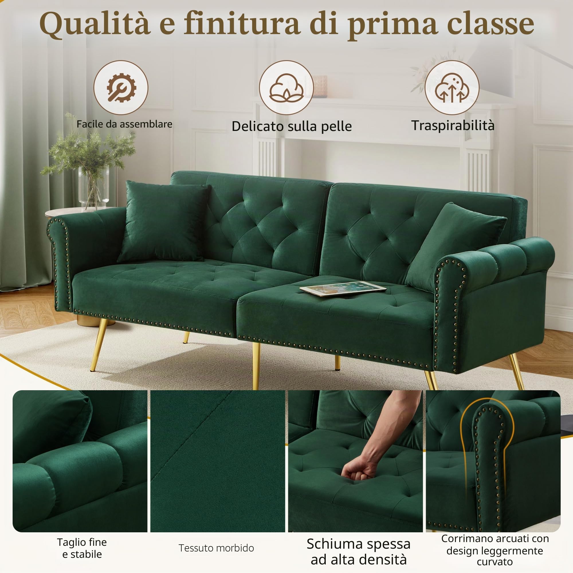 Divano letto moderno a 2 posti, fodera in velluto, schienale regolabile a 3 livelli e gambe in metallo dorato con funzione di riposo, salvaspazio, 173 x 75 x 70 cm (verde)