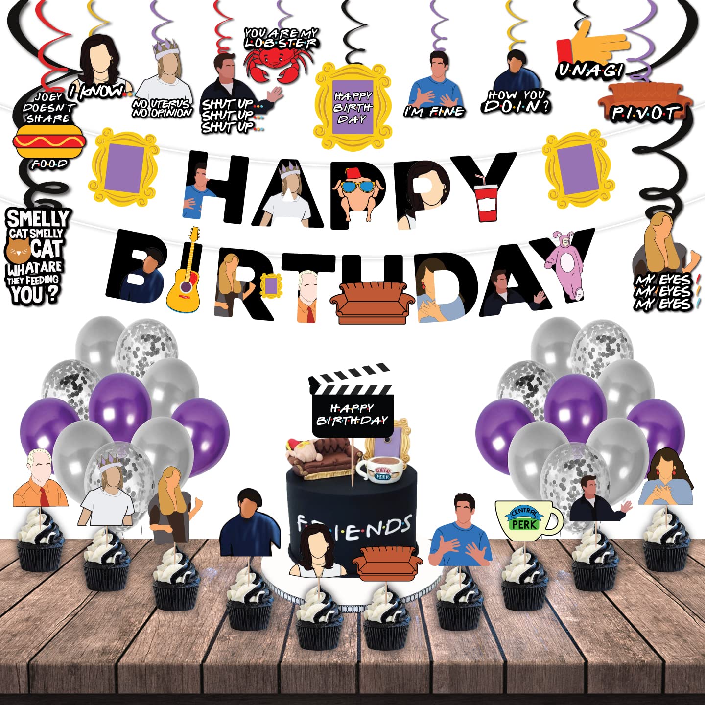 Festiko®61 Pcs Themed Combo- Friends Birthday Party Decorations- Friends Party Decorations,Birthday Party Supplies-BLACK(Banner,Swirls,Cake Topper,Cupcake Topper,Multicolor & Confetti Balloons)-image-8