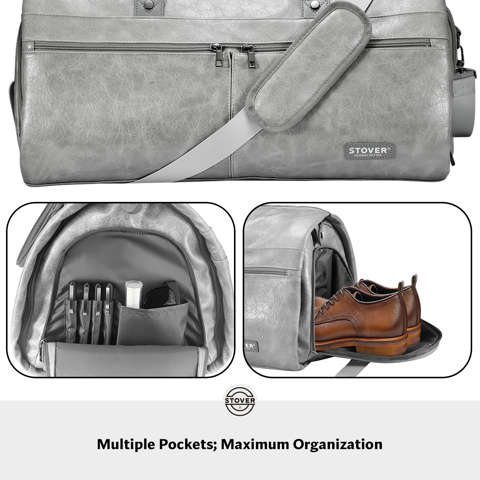 STOVER Bolsa de viaje grande 2 en 1, equipaje de mano convertible para hombres y mujeres, trajes colgantes, vestidos, ropa, compartimento para zapatos, bolsa de fin de semana, Piel sintética - Gris
