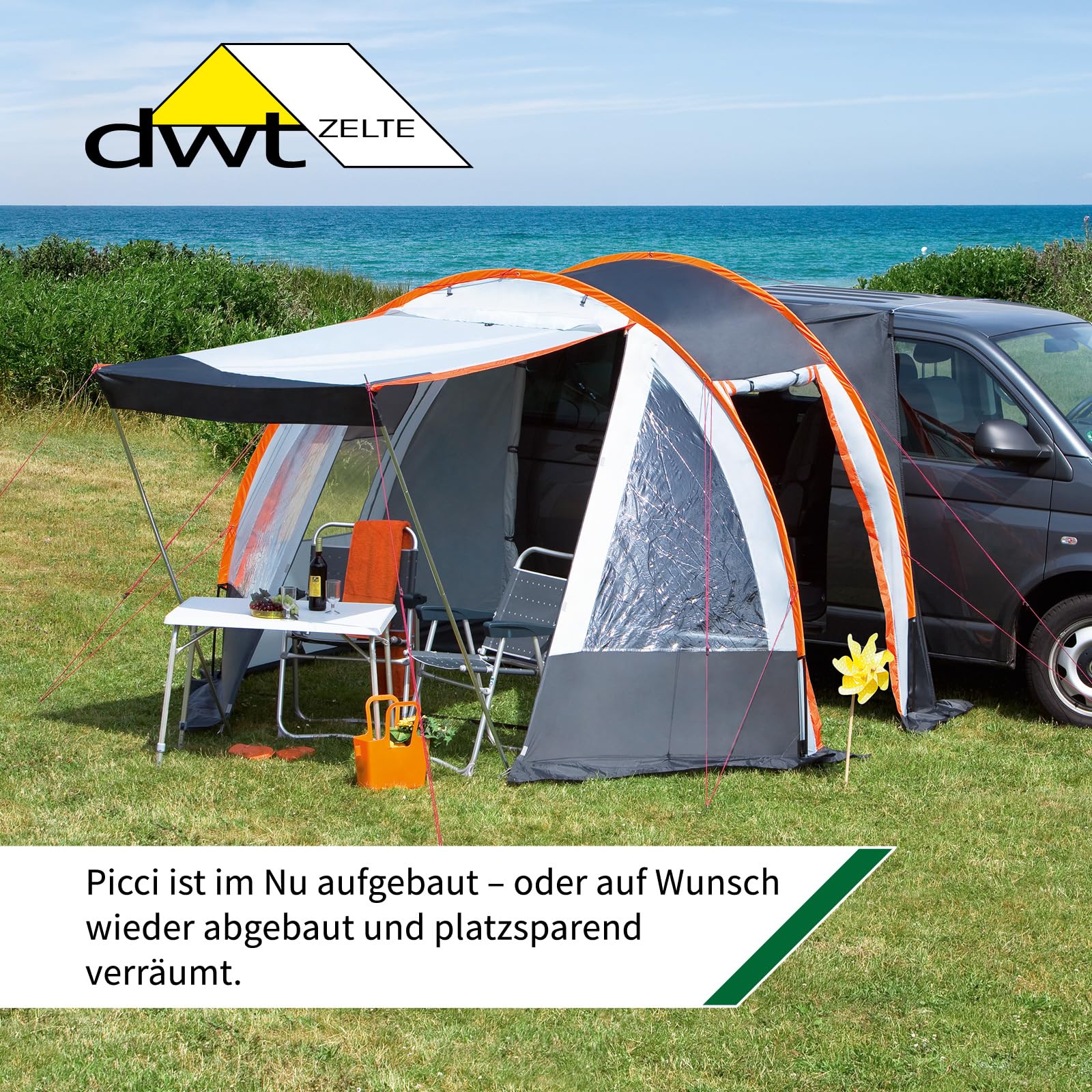 DWT Buszelt Picco 320 x 150 +100 cm, freistehendes Mobilzelt, leichtes Vorzelt mit konventionellem GFK-Gestänge für Camper Vans inkl. Abspannmaterial