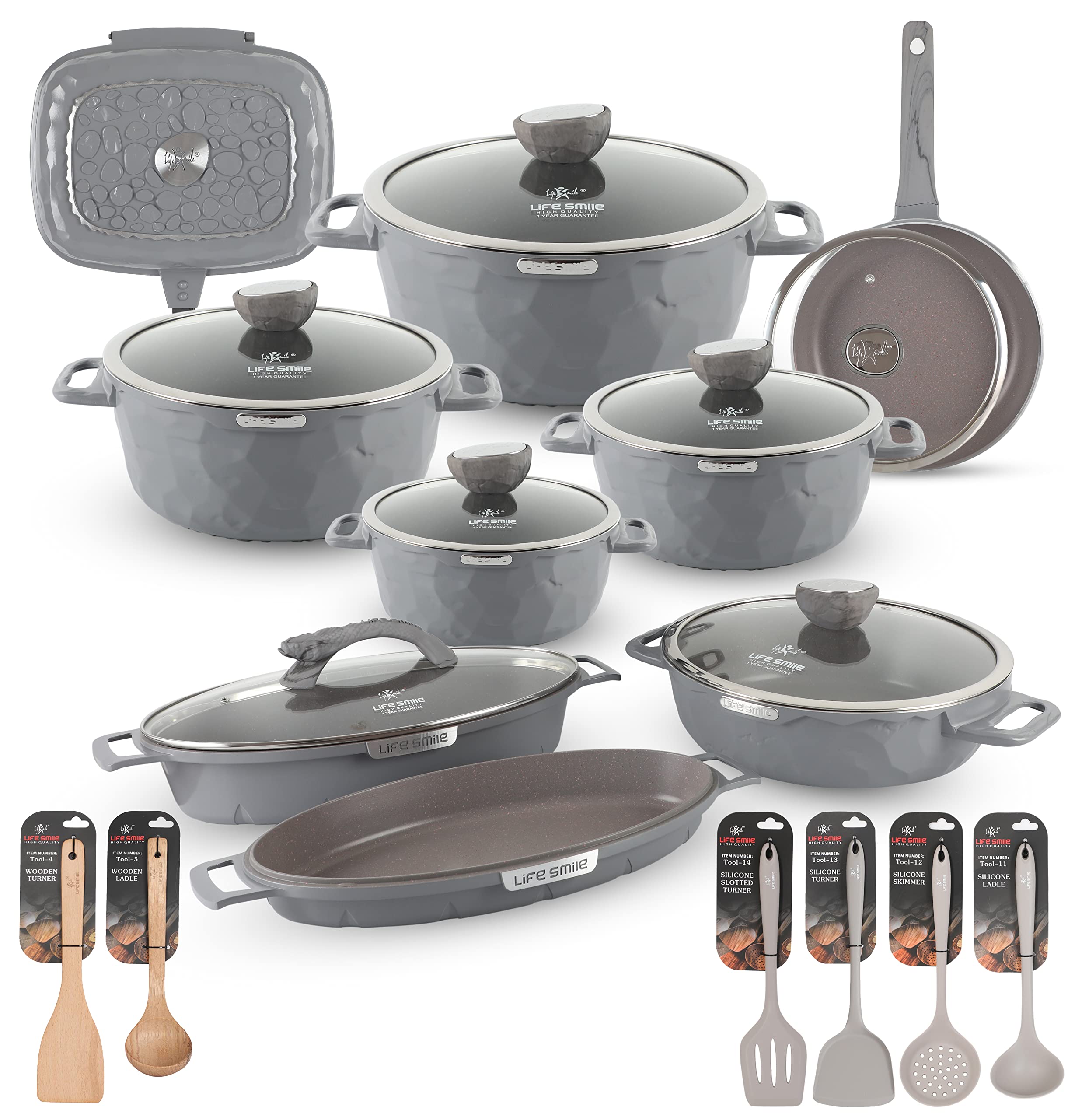 LIFE SMILECookware Set 23 pieces - Induction set-Granite Non Stick Die Cast aluminum include Casseroles & Shallow Pot & Fry Pan & Double Fish Pan & Double Grill Pan & Kitchen Utensils (Smokey Grey)