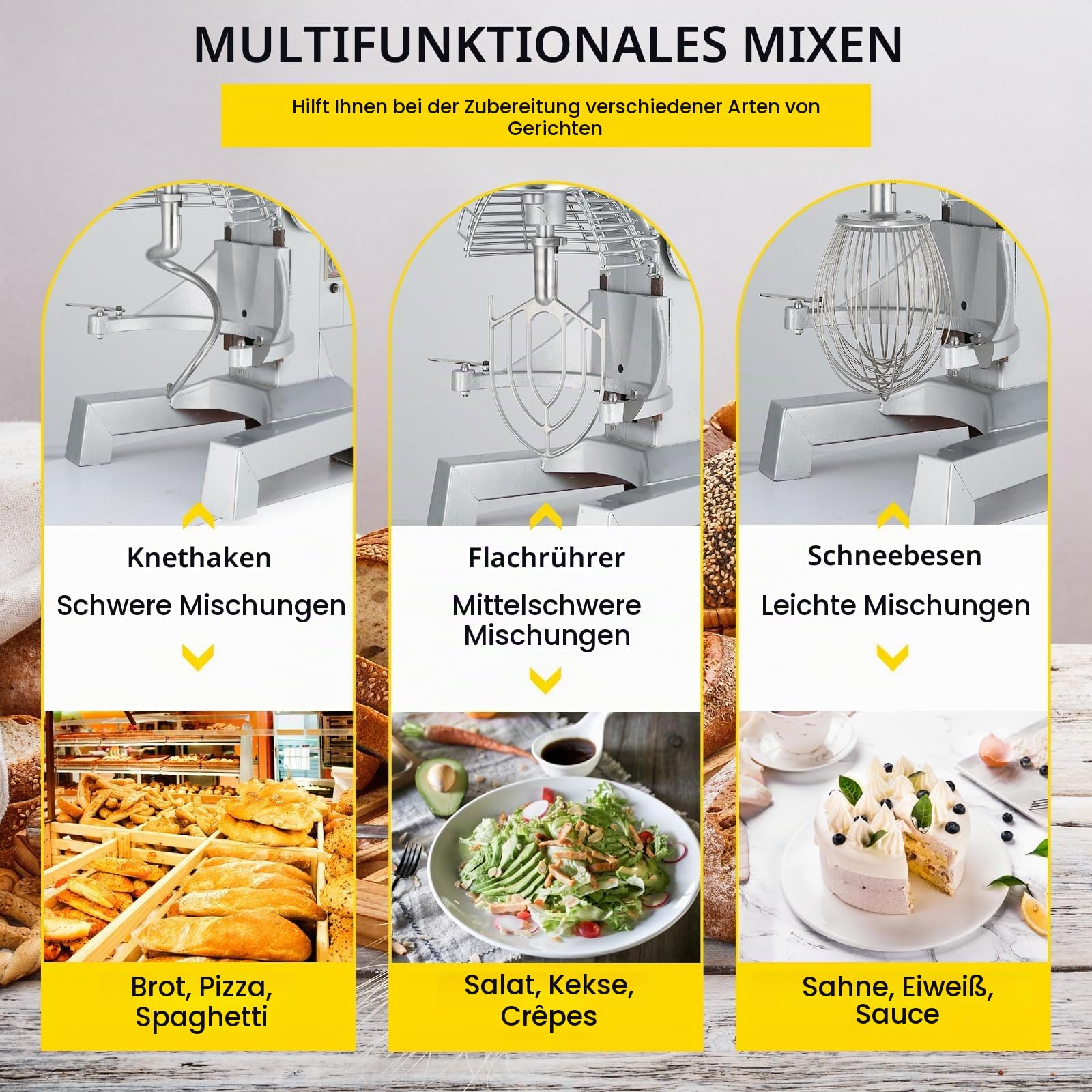 VEVOR Teigknetmaschine Küchenmaschine, 15 Qt Edelstahl Teigmixer, 600 W, einstellbar (130/233/414 U/min), inkl. Edelstahlschüssel, Knethaken, Schneebesen, Rührbesen, ideal für Bäckereien, Restaurants