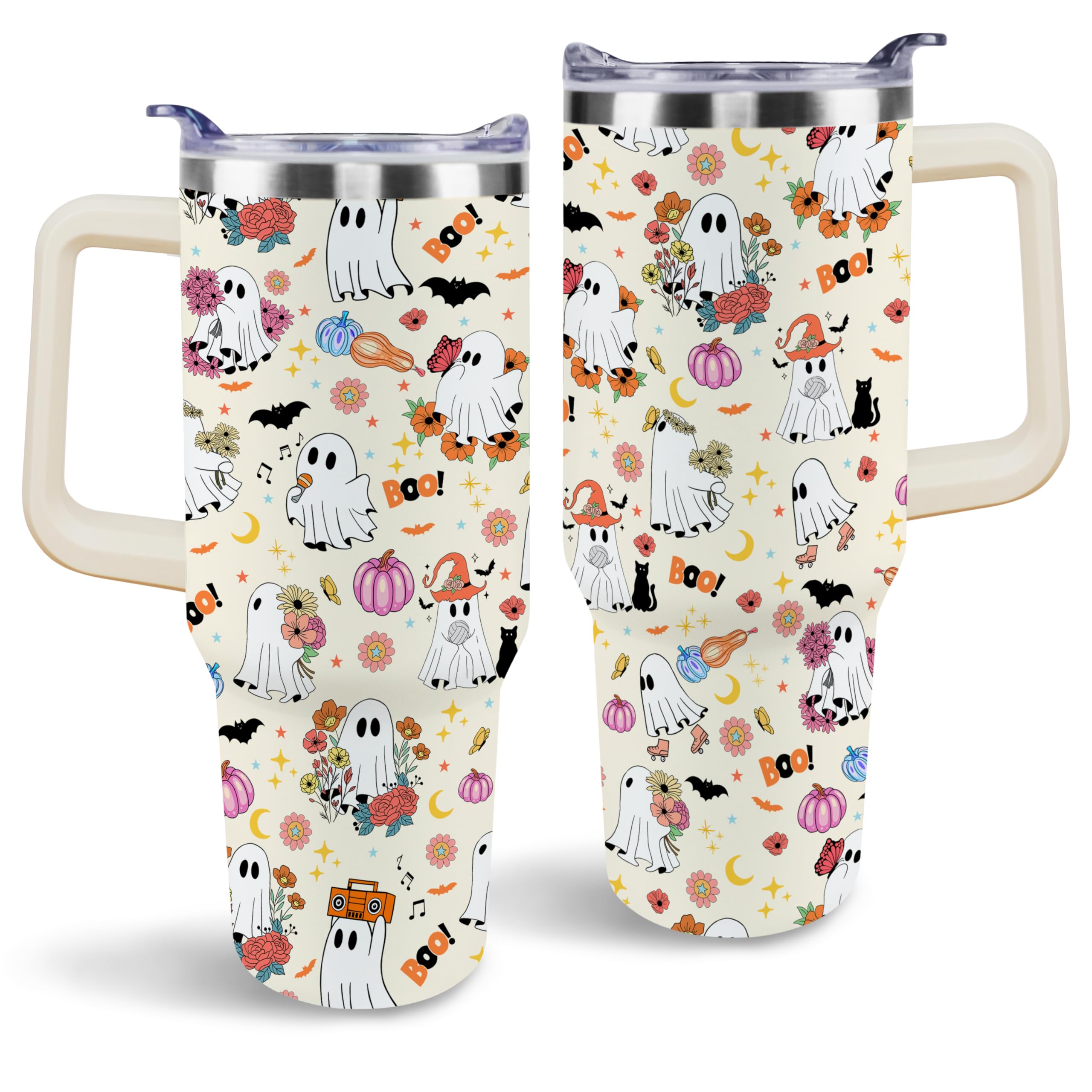 aienssfwe Halloween Tumbler, Cute Pumpkin Ghost Tumbler with Handle and Straw, 40 oz Stainless Steel Insulated Water Bottle Halloween Gifts for Women