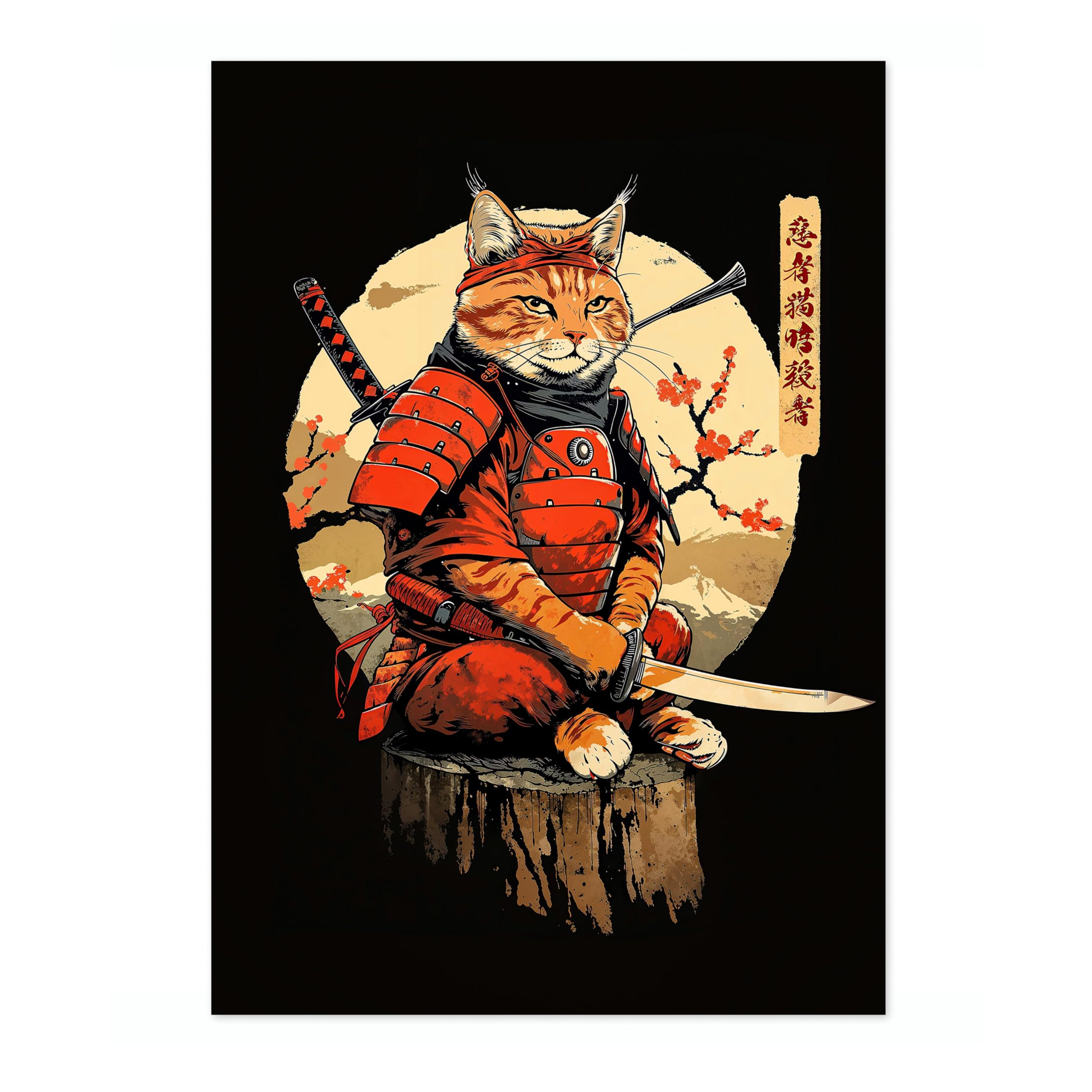 Ninja Cat Anime Woodblock Poster Modern Woodblock Print, Cartoon Manga Kitten Wall Art Decor, Modern Japanese, Cat Lovers, A3 (Print Only) - 42x29.7cm