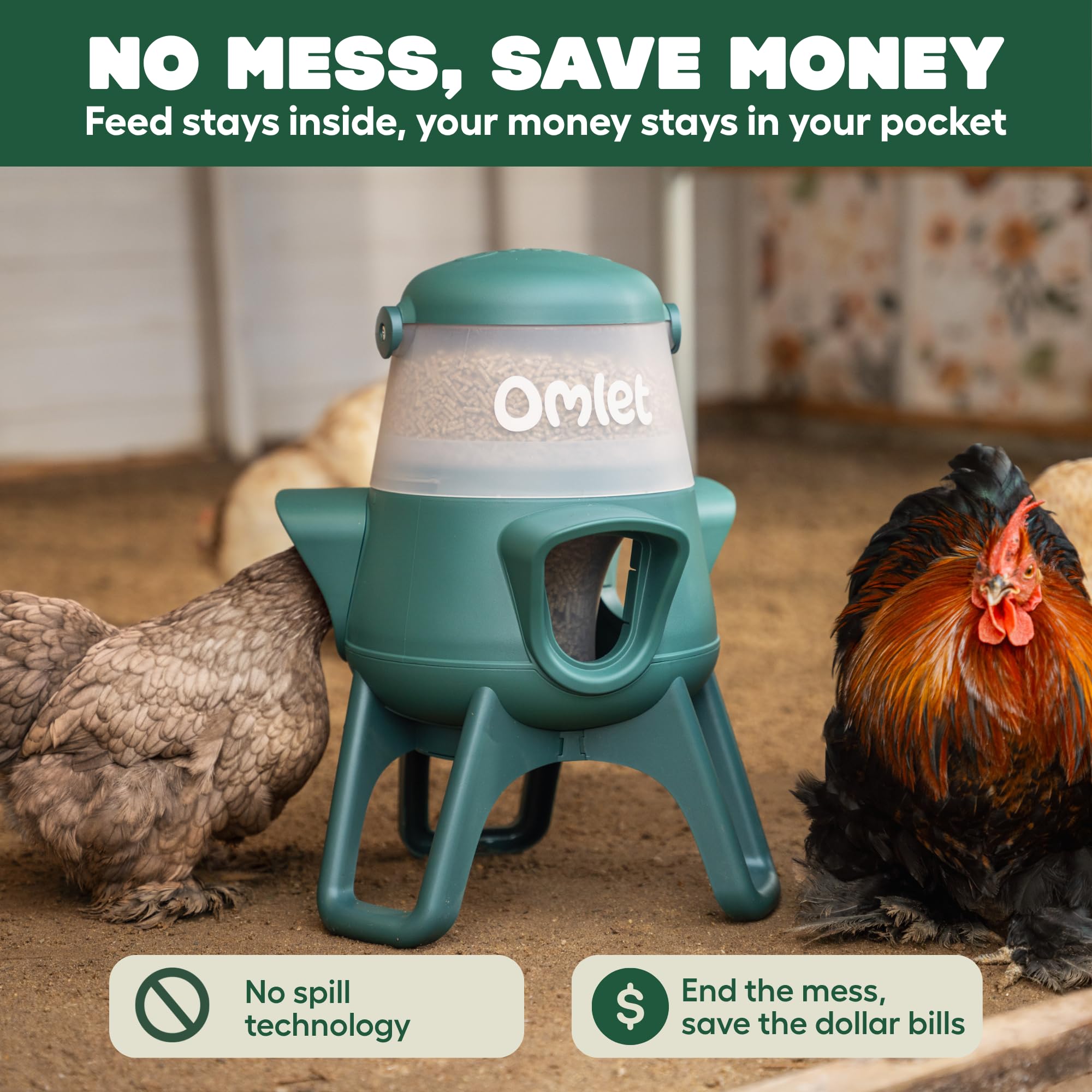 Omlet Comedero de pollo sin residuos para gallinero, comedero antiderrame para aves de corral con 3 puertos de alimentación, colgante o de pie, resistente a la intemperie, 2,5 kg