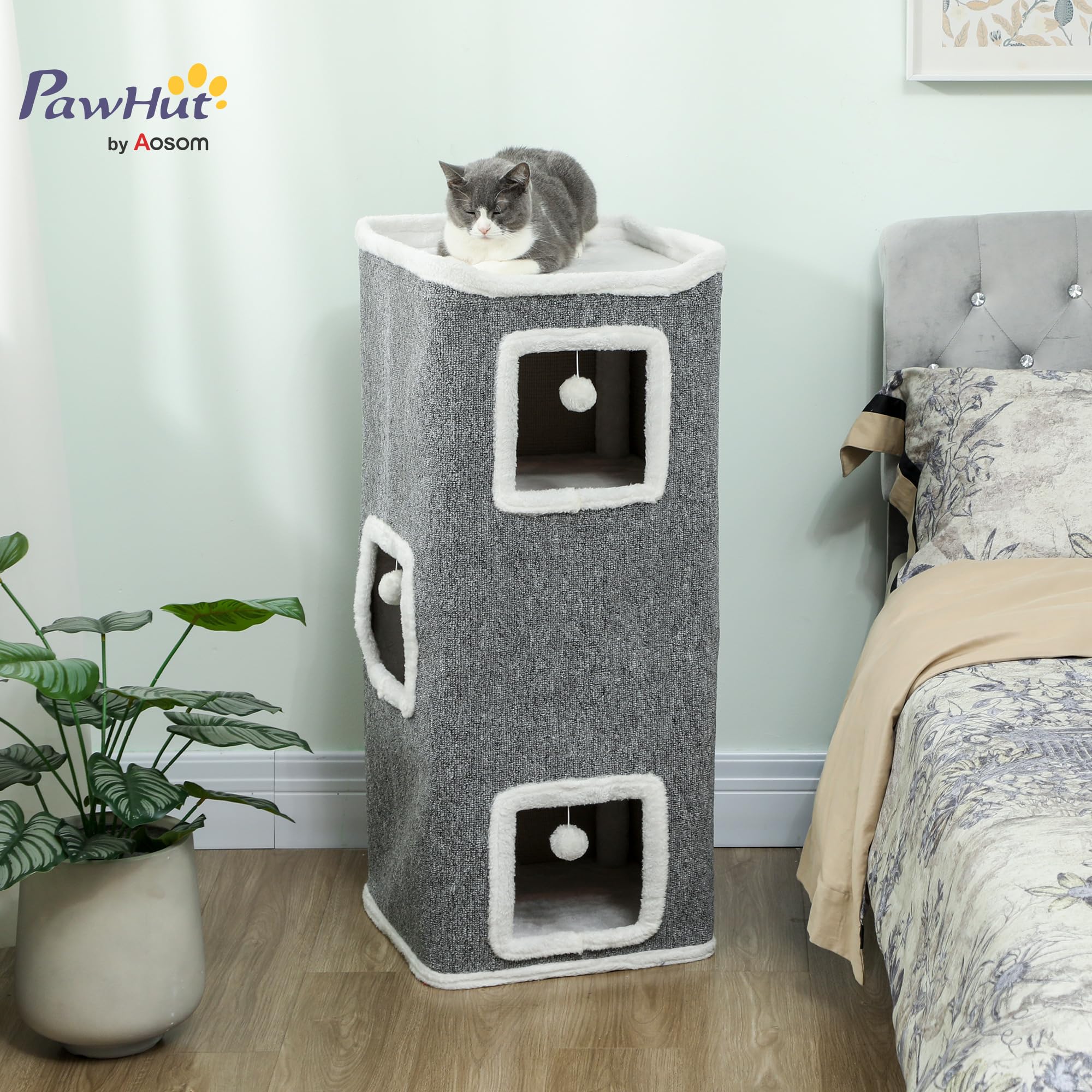 PawHut Kratztonne 100 cm Hoch 41 x 41 cm vierstöckige Katzentonne mit Spielball, Plüschrand, Katzenhöhle, Kratzbaum für 1-2 Katzen unter 7kg, Grau