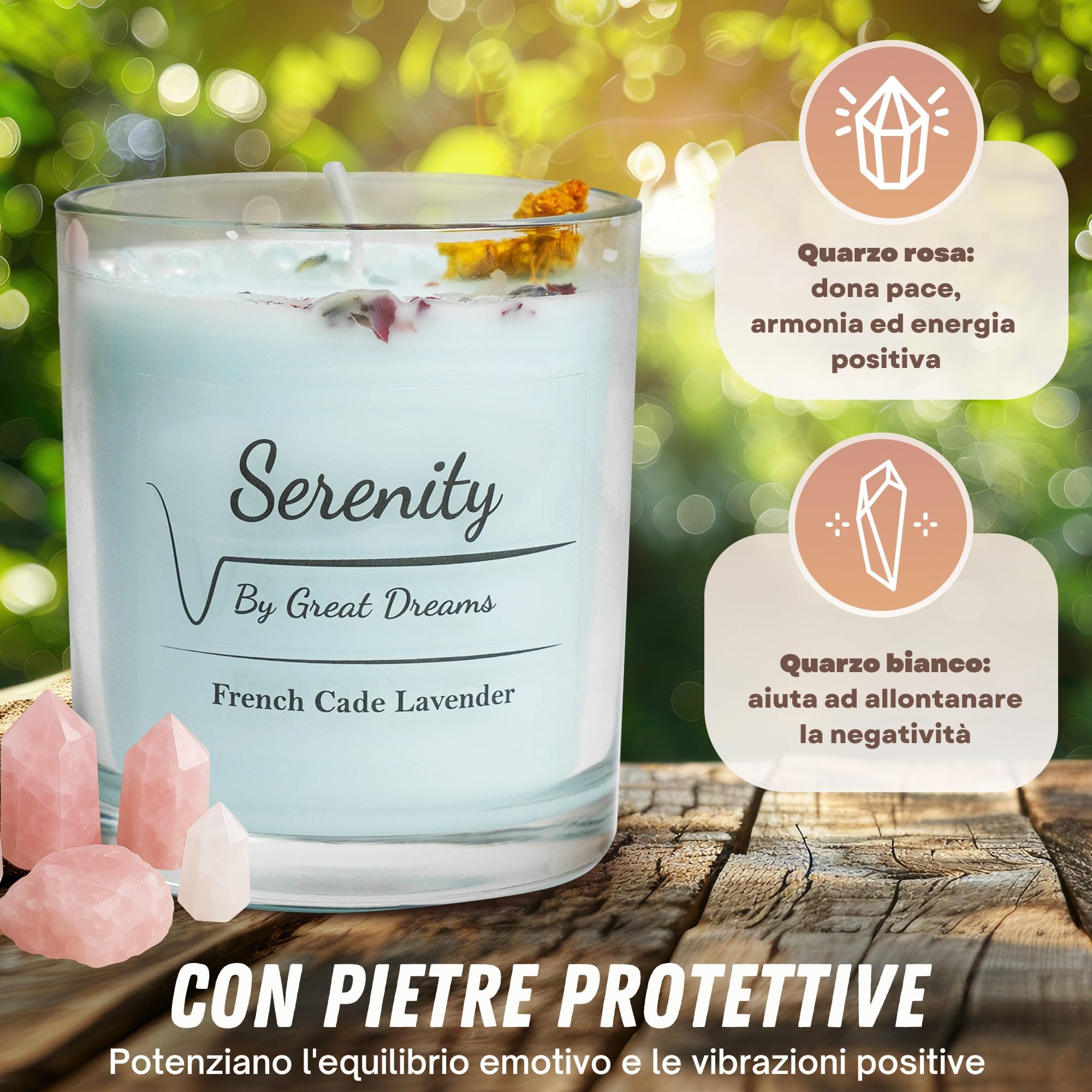 GreatDreams® Set 2 Candele Profumate Curative con Pietre Naturali - Candele Decorative Fatte a Mano Senza Paraffina - Set Regalo di Candele Profumate per Donne - Regali Originali per Donne.
