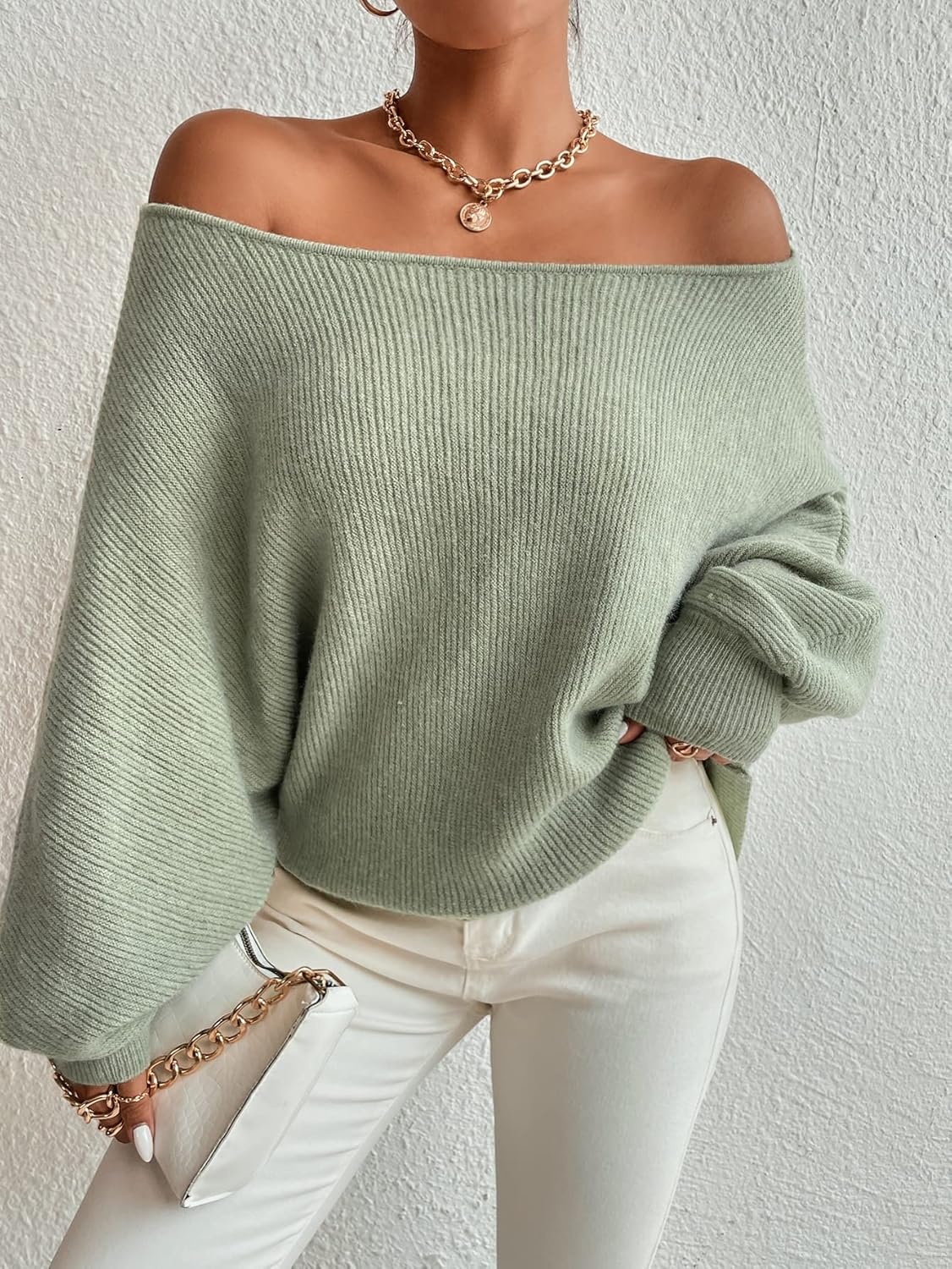 Women's Sweater Off Shoulder Batwing Sleeve Sweater Sweater for Women (Color : Mint Green, Size : Medium)