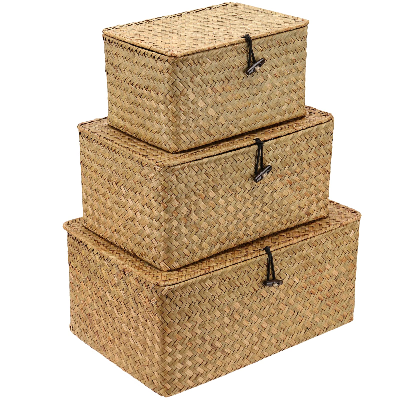 Seunmuk Yellow ﻿ Set Of 3 Seagrass Storage Basket With Lid, Rectangular Rattan Basket Woven Handmade Organizer Bins For Home Storage And Decoration, Picnic, Camping, Travel,