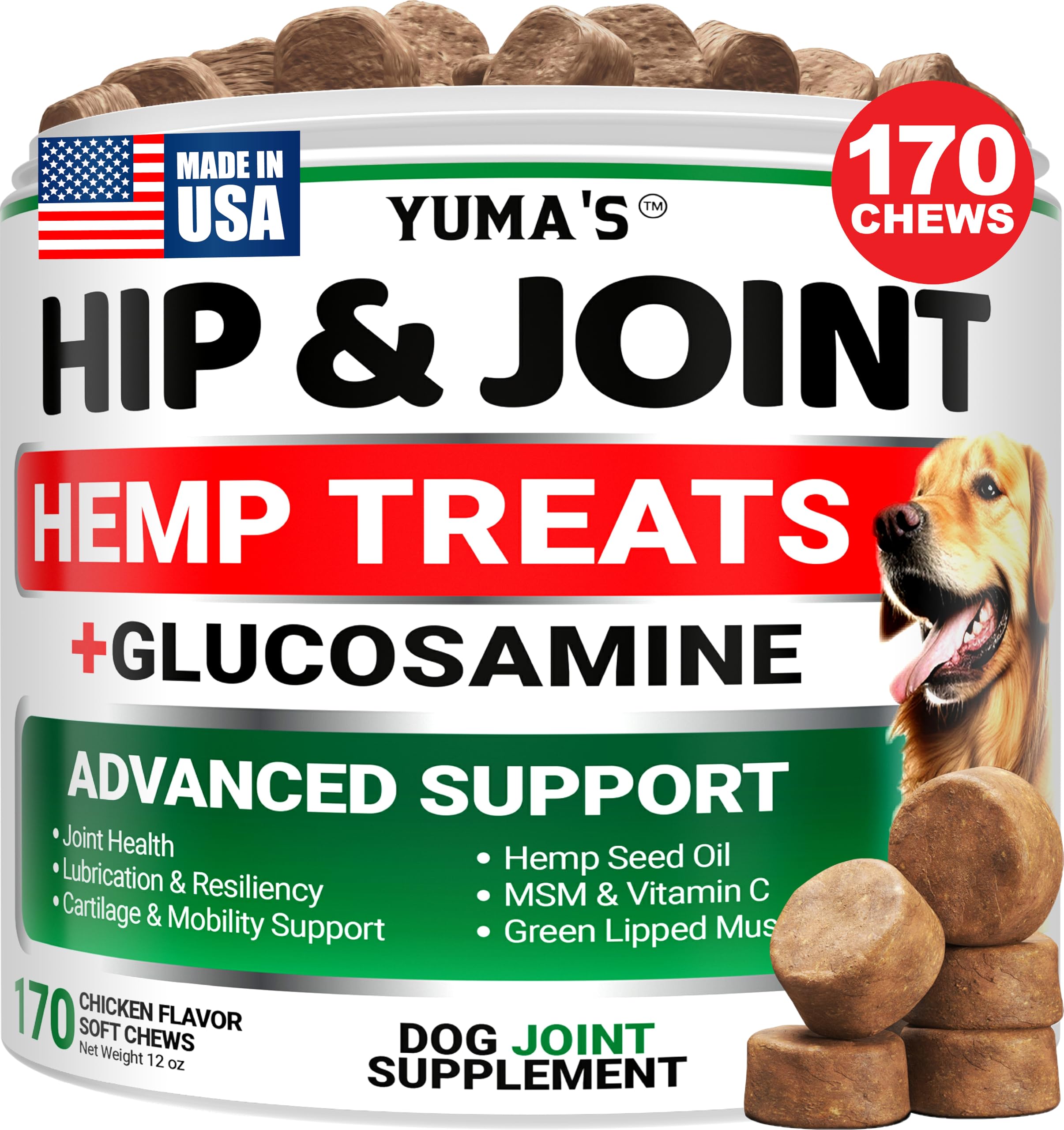YUMA'S Hemp Hip and Joint Supplement for Dogs - Glucosamine for Dogs - 170 Joint Pain Relief Chews - Chondroitin, MSM - Hemp Oil - Advanced Canine Health Supplement - Mobility Support Treats