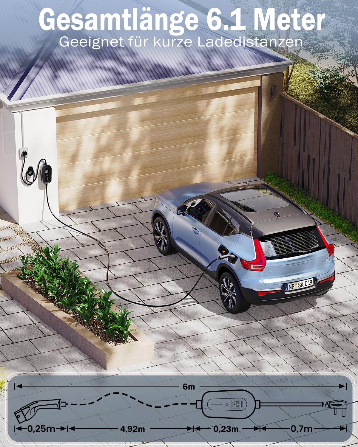 EzGoGo Kabel ładujący typu 2 Schuko 3,68 kW, 6,1 m, 1-fazowy, 6-16 A, ładowarka EV z regulowanym wyświetlaczem LCD i ochroną IP65, przenośna ładowarka do wszystkich samochodów elektrycznych i PHEV