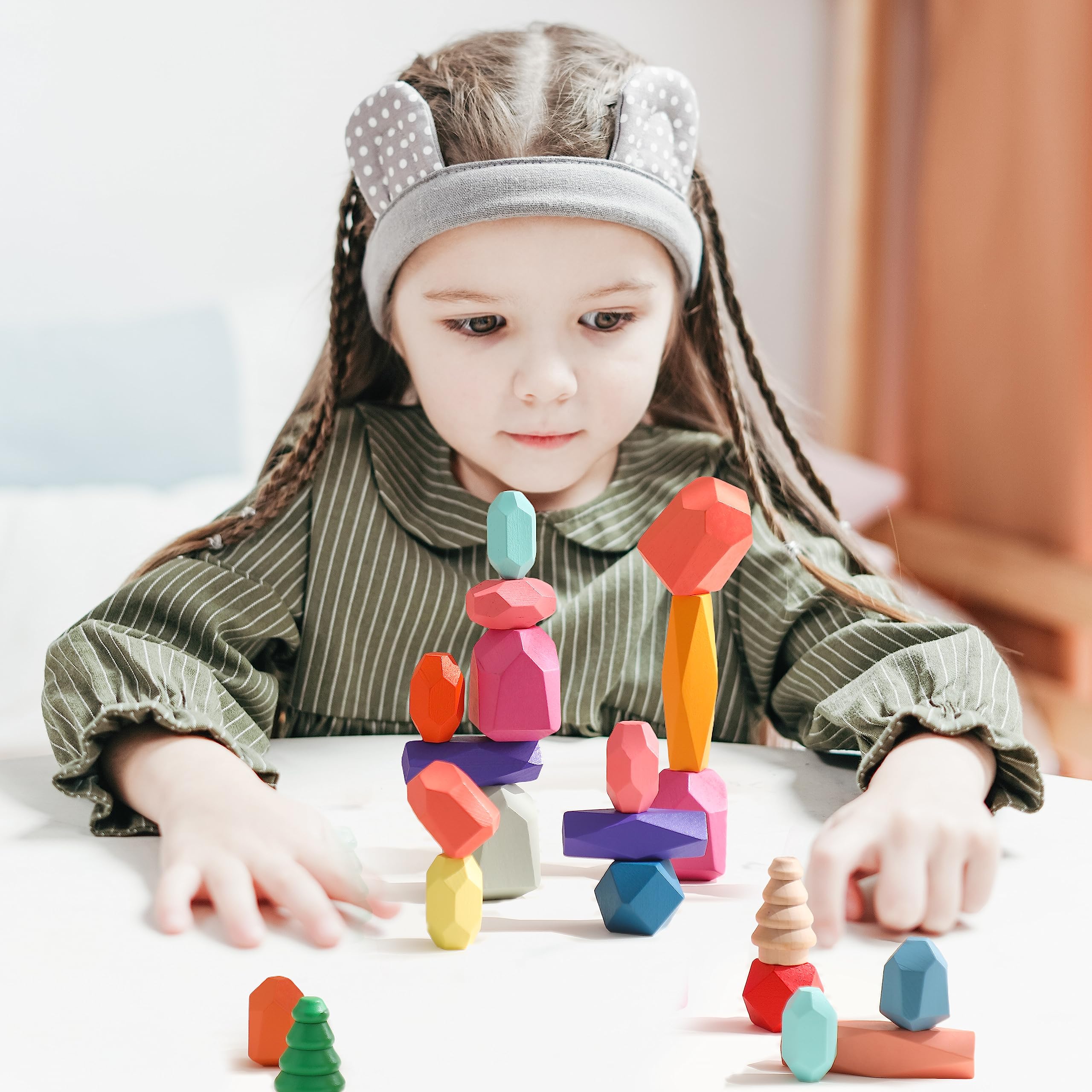 Giocattoli Impilabili in Legno - Pietre di Bilanciamento Waldorf Natura Blocchi di Costruzione Arcobaleno - Montessori (48 Pezzi Set)
