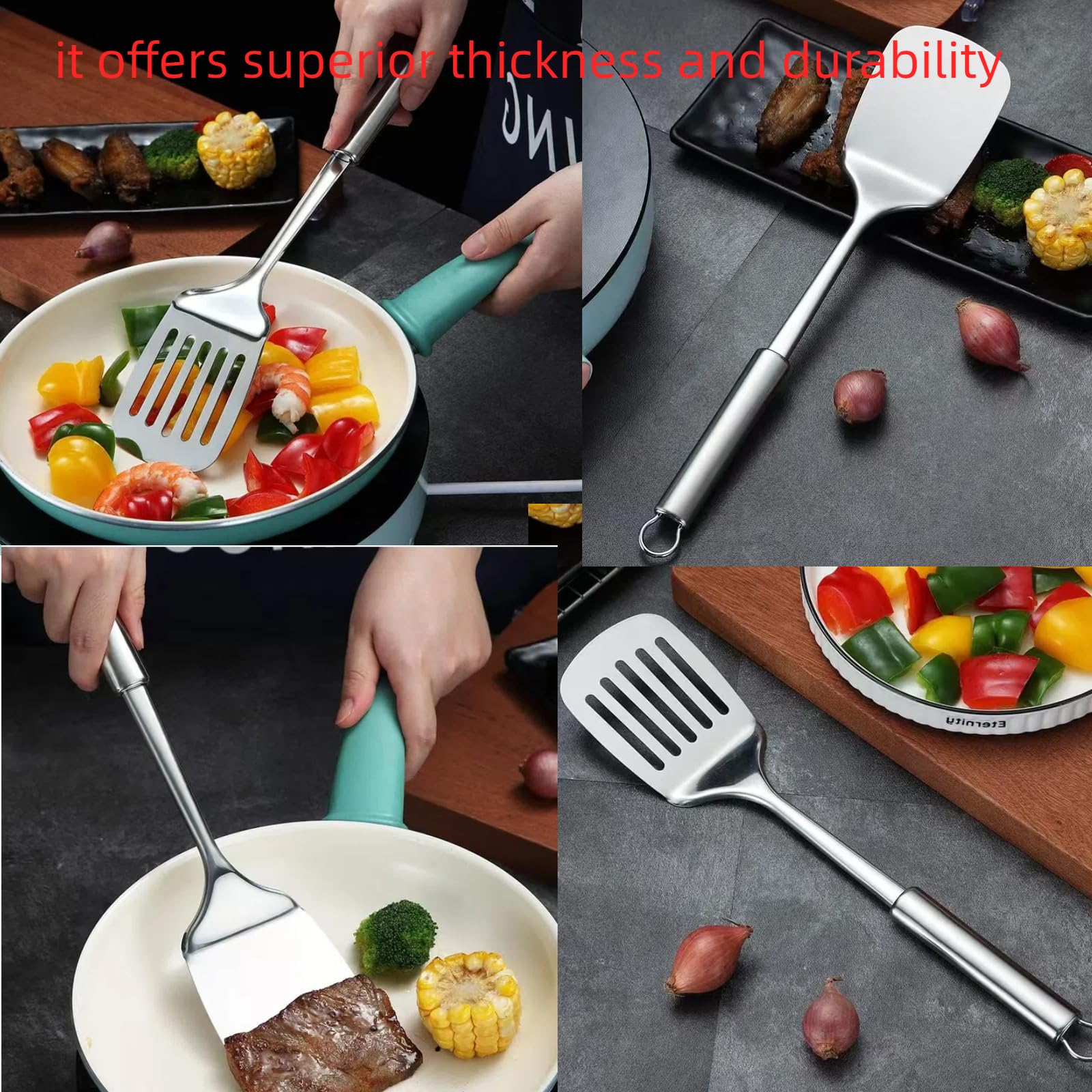 Juego de espátulas plateadas, espátulas de acero inoxidable de 13.5 pulgadas, espátulas de metal resistentes al calor para peces, huevos, panqueques. 4