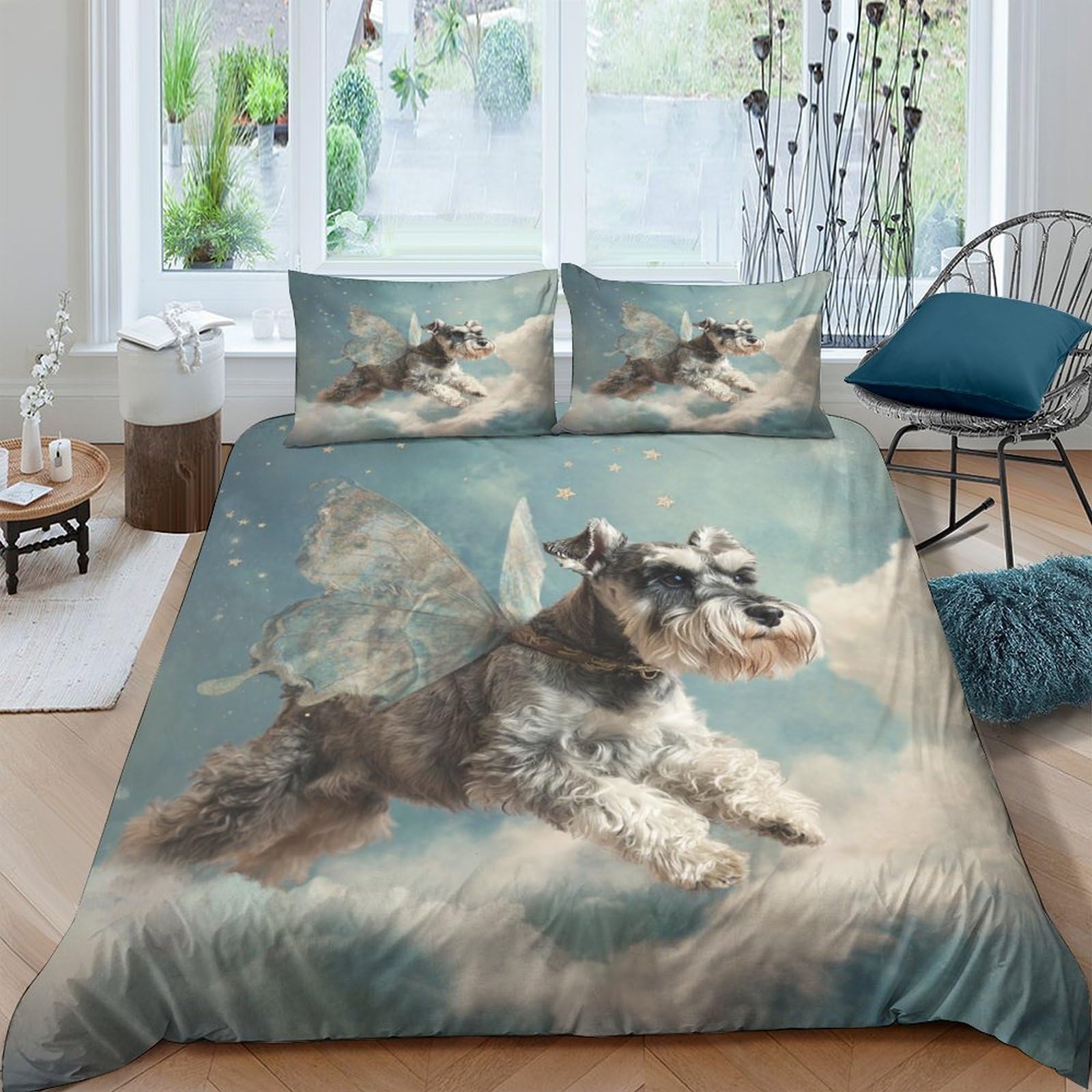 GPLZQXKJNH 3D Printed Schnauzer Angel Duvet Cover Set Microfiber Soft Breathable Cloud Sky Bedding with 2 Pillowcases for Bedroom Single（135x200cm）