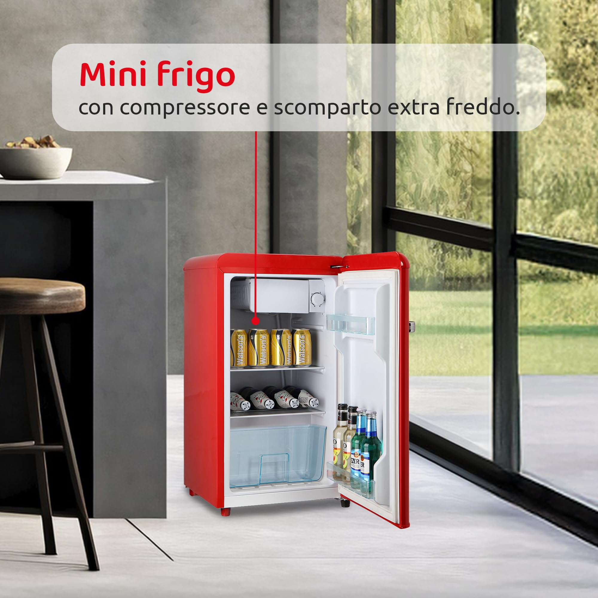 Melchioni Family | Frigorifero Siberia 45, Mini Frigo Vintage Rosso, Capacità da 45L, con Compressore e Comparto Extra Freddo