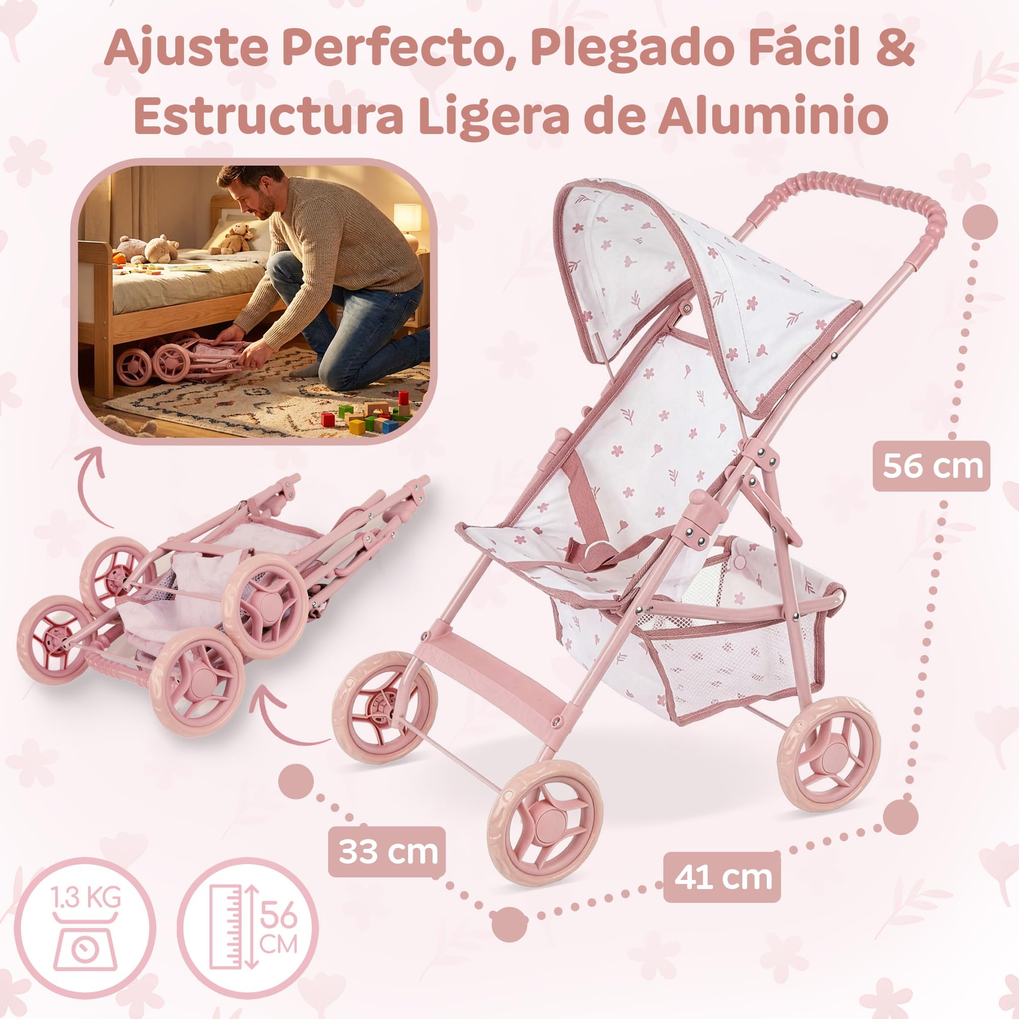 Kinderplay Cochecito de muñecas a Partir de 3 años: Cochecito Plegable Ligero para niñas con Ruedas EVA, cinturón y Visera – Cochecito de Juguete Rosa para muñecas