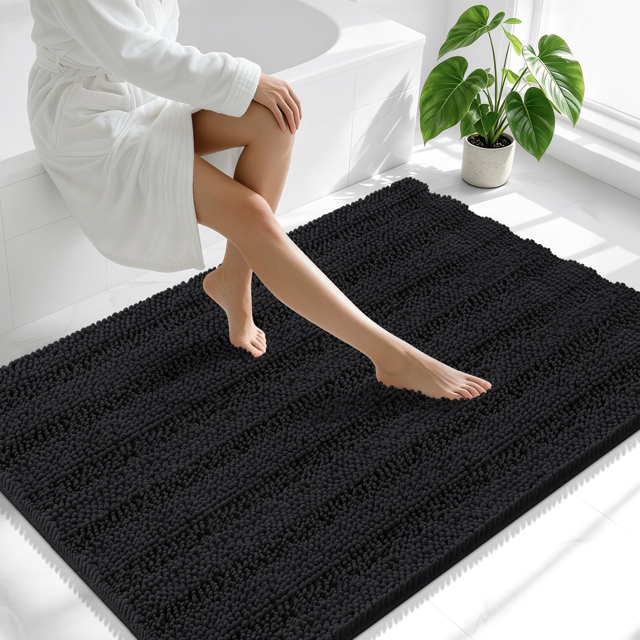 Smiry Thick Chenille Large Bathroom Runner Rugs 44x32, Soft Bath Mat, Black