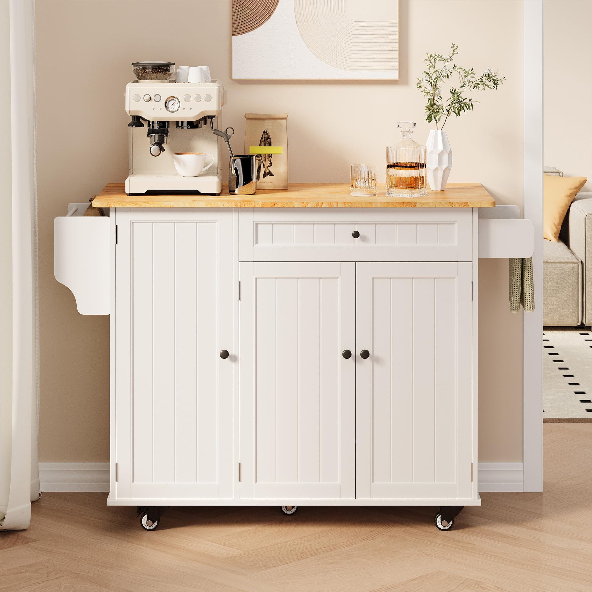 Xbro ilôt de Cuisine avec roulettes, Desserte de Cuisine avec Table Extensible, Porte-torchons, 2 Tiroirs, 3 Portes avec Rangement, 130 × 75 × 88 cm, Blanc
