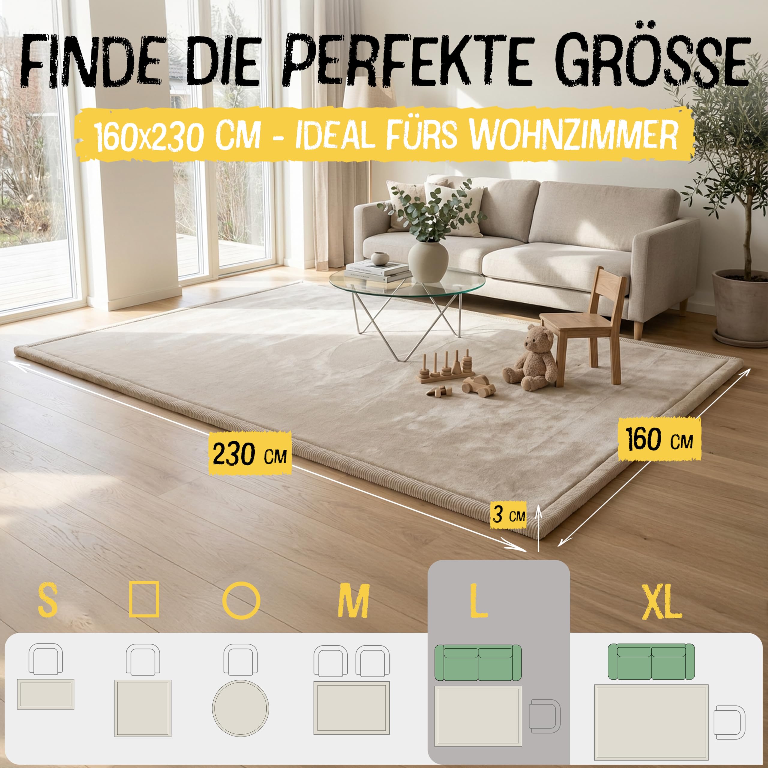 FRIEDO Krabbelmatte Baby I ÖKOTEX Zertifiziert I 160x230cm beige I Extra dick und weiche Spielmatte, Spielteppich I Rutschfester, wasserabweisender Teppich für Wohn und Kinderzimmer I Tatami Matte