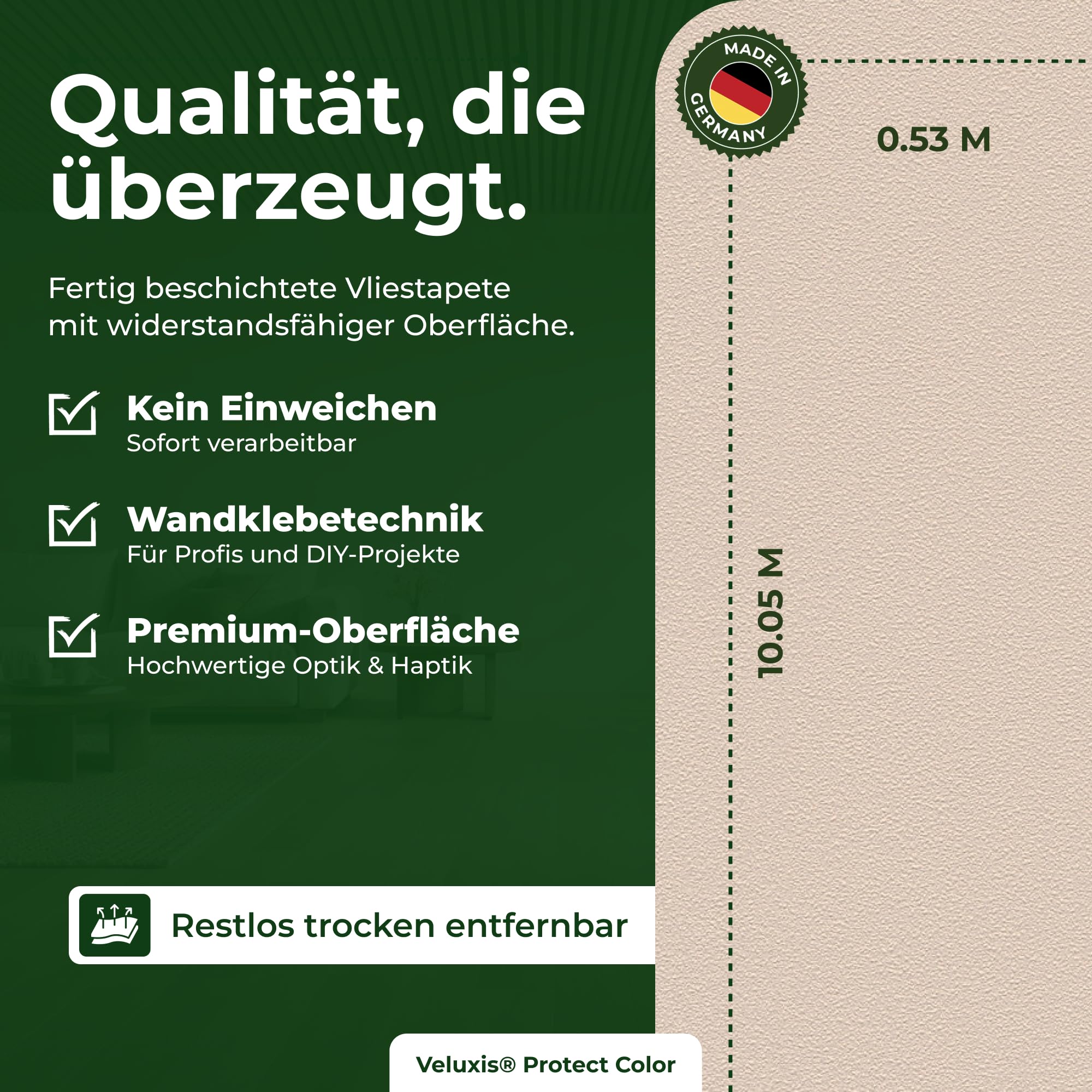 Vliestapete 4er-Set PROTECT COLOR Beige – 10,05 m × 0,53 m | kein Anstrich notwendig, kratz- & stoßfest, rissüberbrückend, Made in Germany