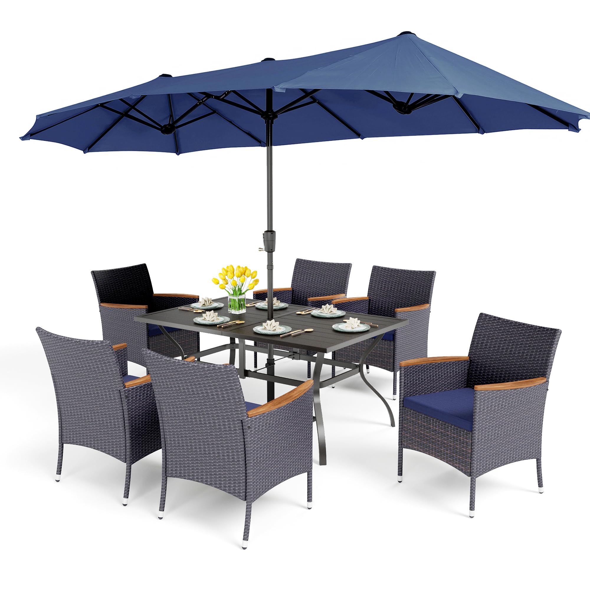 60 inch patio umbrella Amazon.com: PHI VILLA 8-Piece Patio Dining Set for 6,1 Rectangular 60 Inch  Metal Umbrella Table & 6 All Weather PE Wicker Cushioned Chairs & with 13ft  Double-Sided Outdoor Umbrella(No Base, Navy Blue) :
