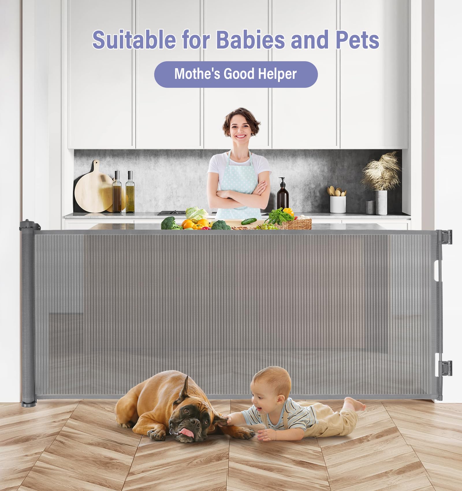 Fellie - Puerta retráctil para escaleras, 300 cm extra ancha, operación con una sola mano, longitud ajustable, 86 cm de alto, puerta gris para perros para pasillos/interiores y exteriores