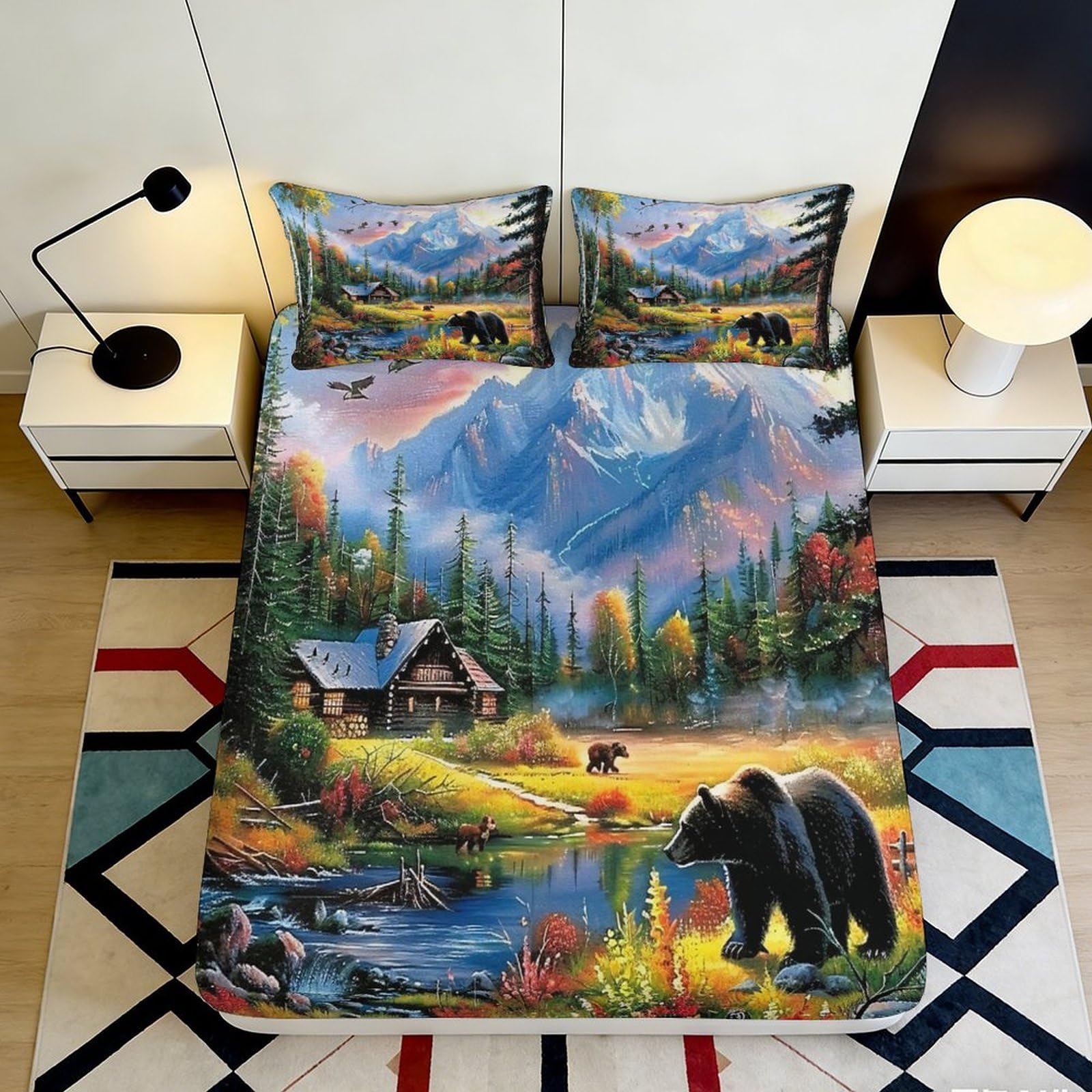 3D Printed Mountain Cabin Fitted Sheet Microfiber Soft Bear Forest Mattress Cover for Bedroom Guest Room Decor 90x200x25cm