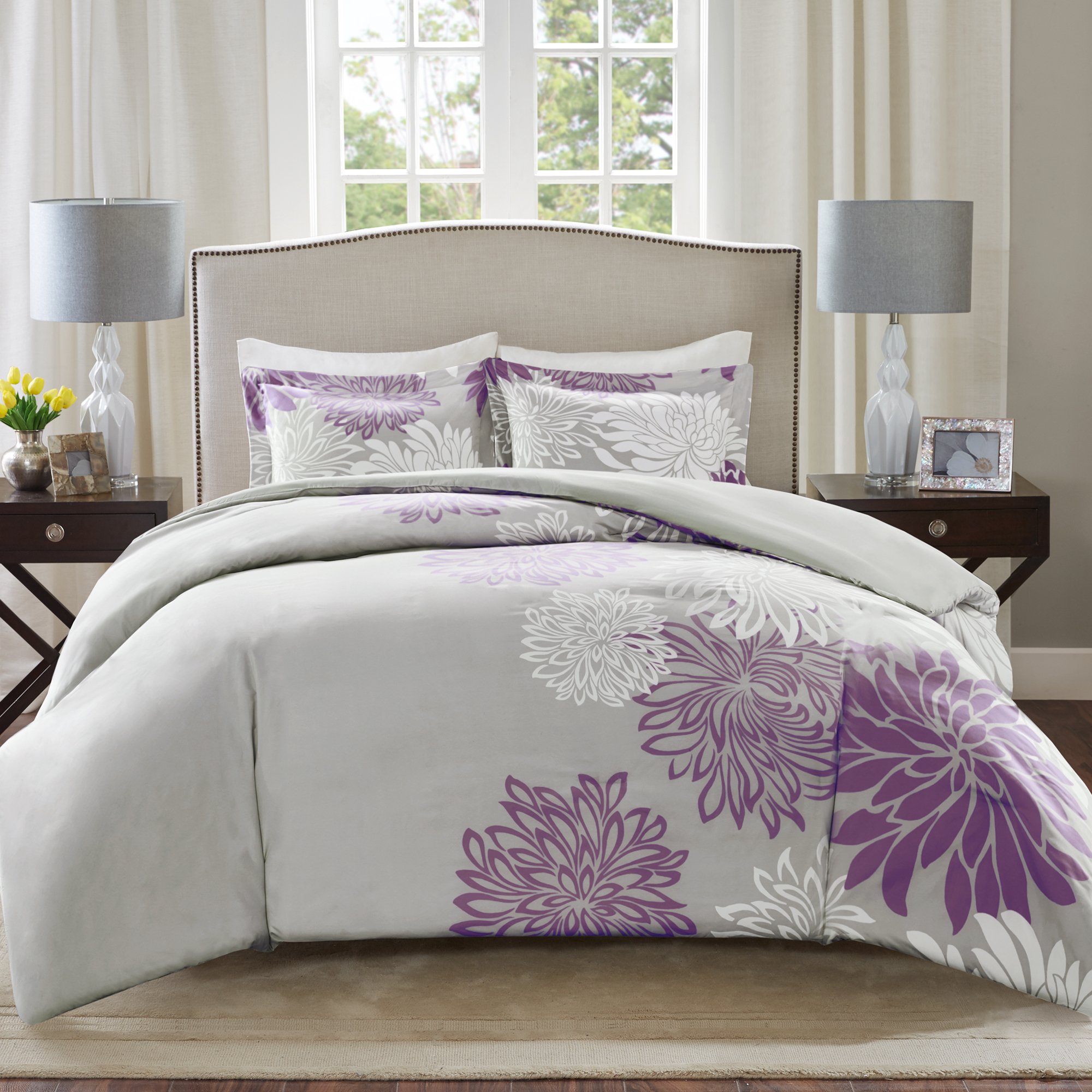 Comfort Spaces Enya 3 Piece Duvet Cover Zipper Closure and Corner Ties Floral Flower Print Decor Ultra Soft Microfiber Luxury Bedding-Set, Full/Queen, Purple-Grey