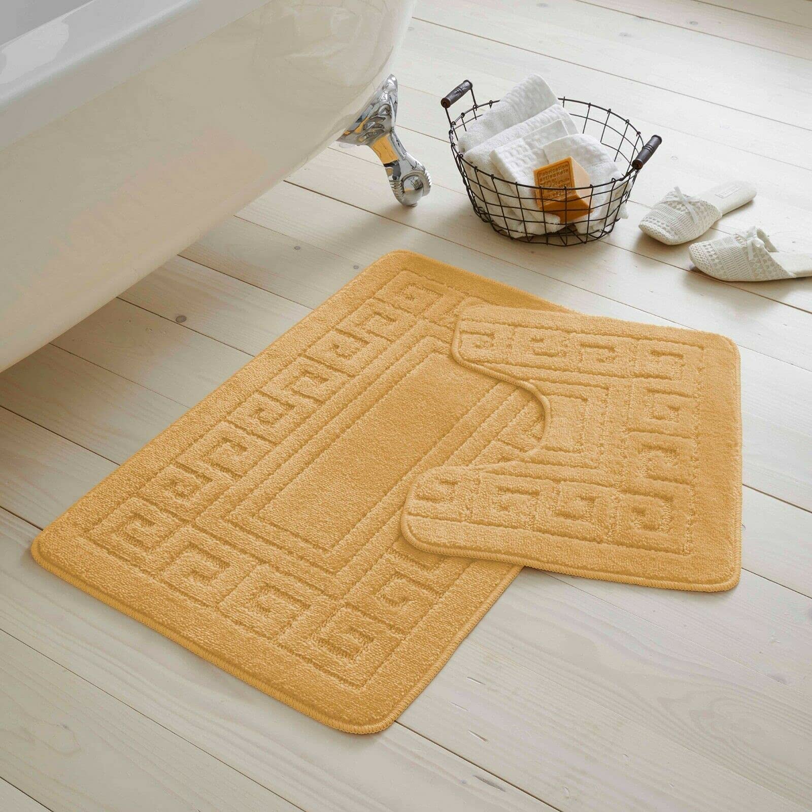 SELECT-EDGREEK Bath mat Set 2 pc Non Slip Rubber Pedestal mat Toilet Bathroom Greek Rug (Shaded Ochre Mustard)