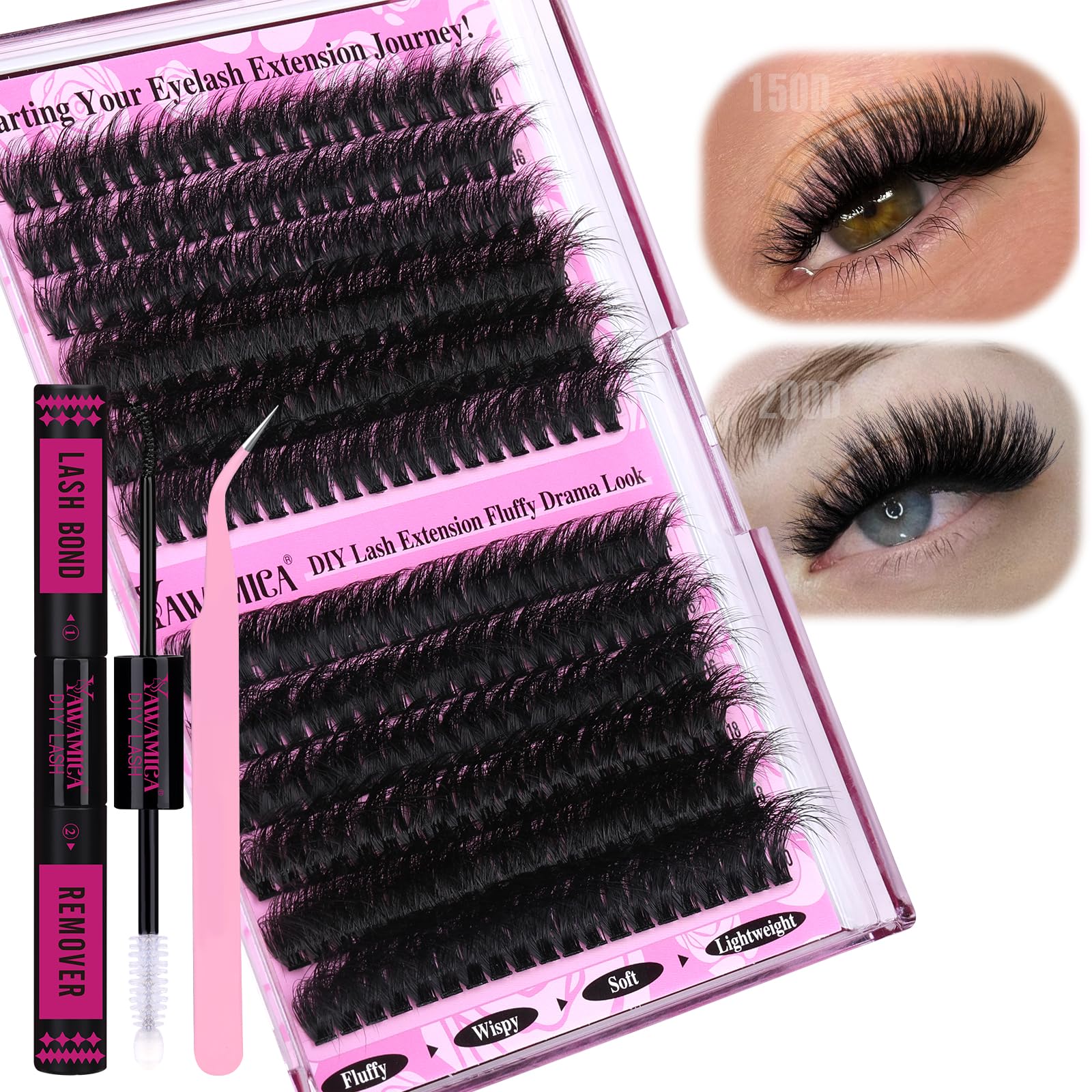 Yawamica Fluffier Lash Clusters Kit 150D+200D Thick Volume Lash Extension Kit 14-20mm Wispy Eyelash Clusters Individual Lashes Kit with Lash Bond, Lash Remover, Lash Applicator for DIY Lash Extension