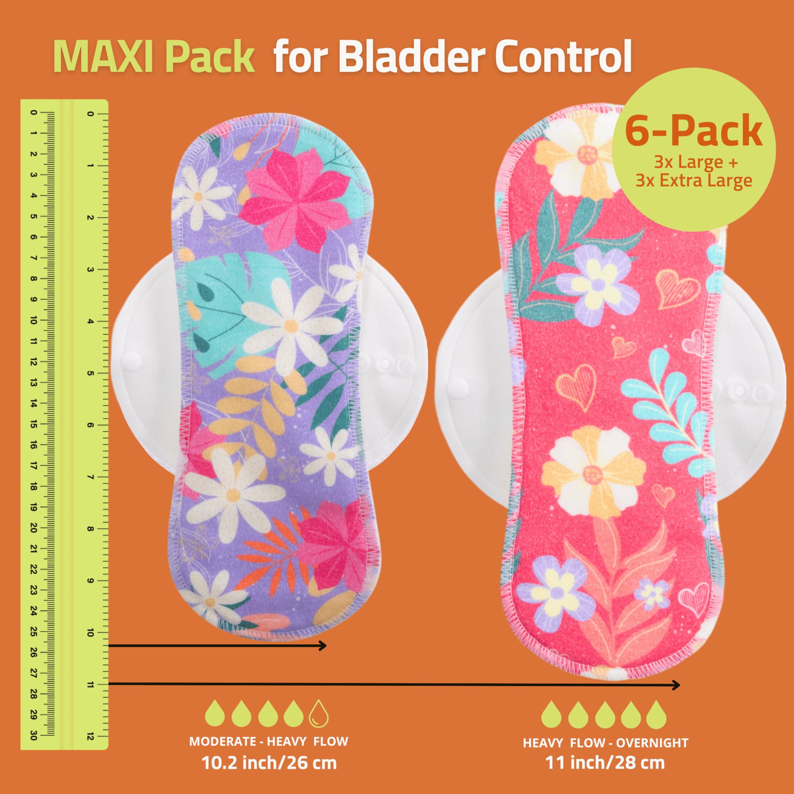 Rutschfest mit Premium-Grip Stoffbinden aus Baumwolle für starke Menstruation (6 Pack L+XL) – waschbar bis 95°C - wiederverwendbare, hoch saugfähige & geruchsfrei Perioden Einlagen für Frauen