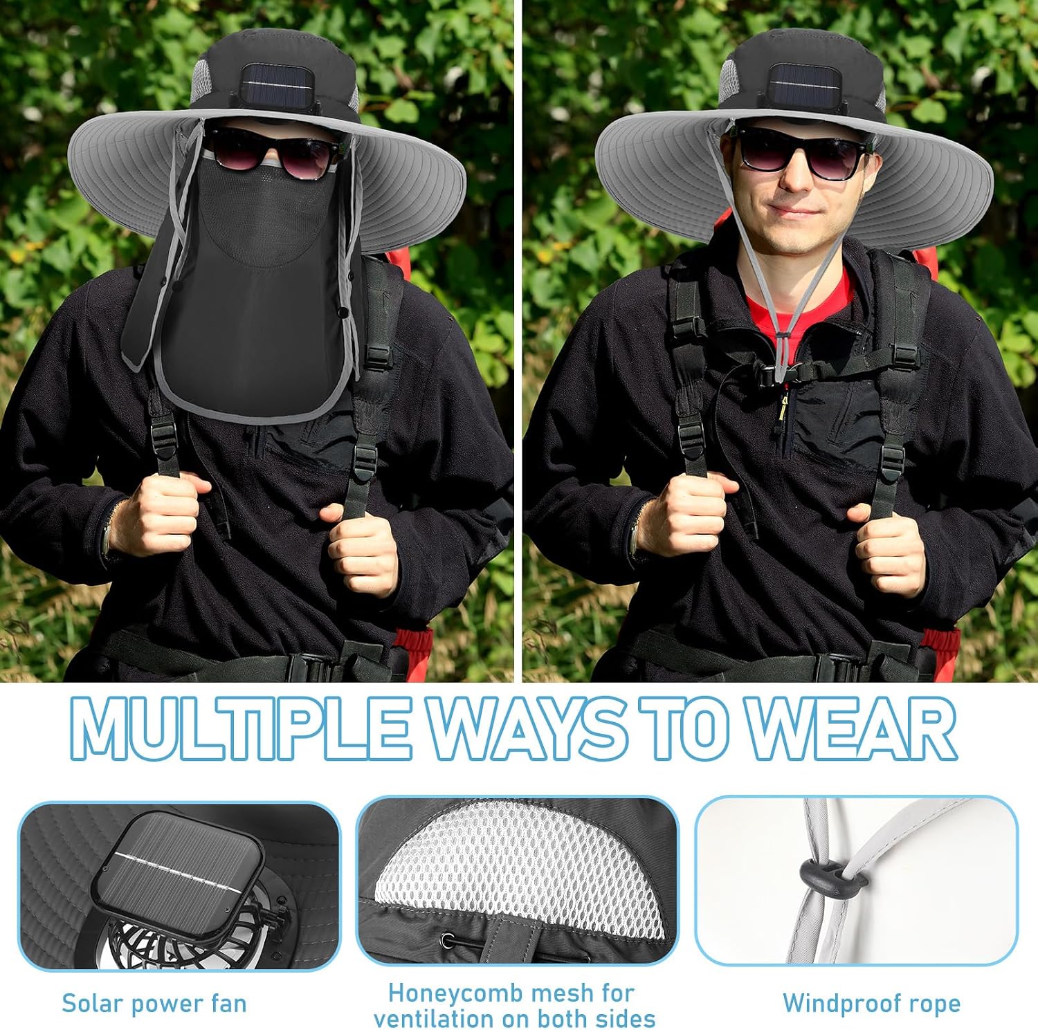 Berlune Solar Fan Hat Wide Brim Hat with Fan Oversized Outdoor Fishing Hats Removable UV Protection UPF 50+ Sun Bucket