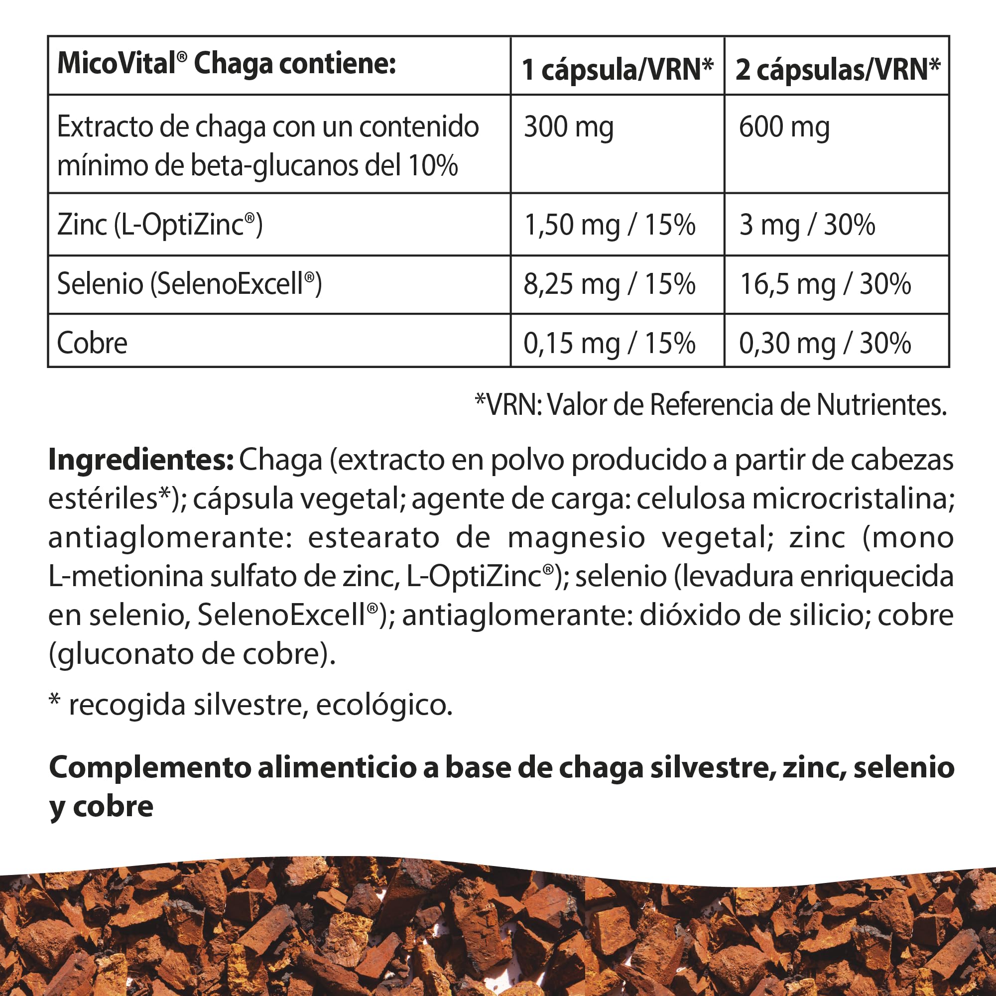 MicoVital® Chaga - Alto Nivel Antioxidante - Protege Contra el Daño Oxidativo - Contribuye a las Defensas Inmunológicas Naturales - Efecto Antifatiga - 60 Cápsulas Vegetales - 100% Natural