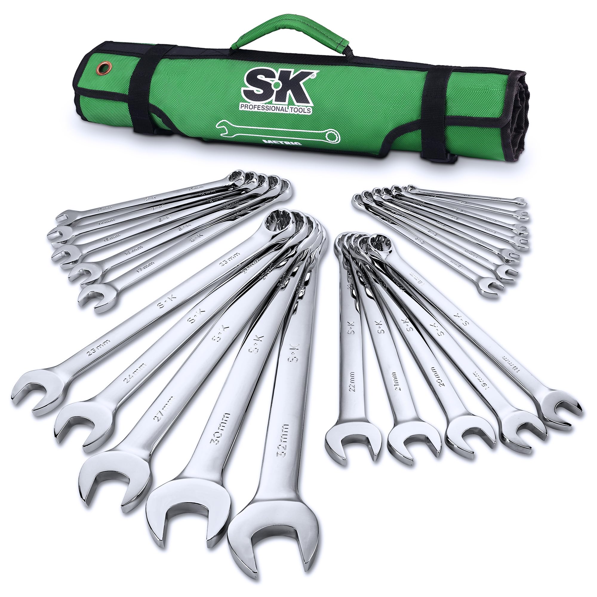 SK Combination Wrench Set, Metric 6 to 32mm, 22-Piece, SuperKrome