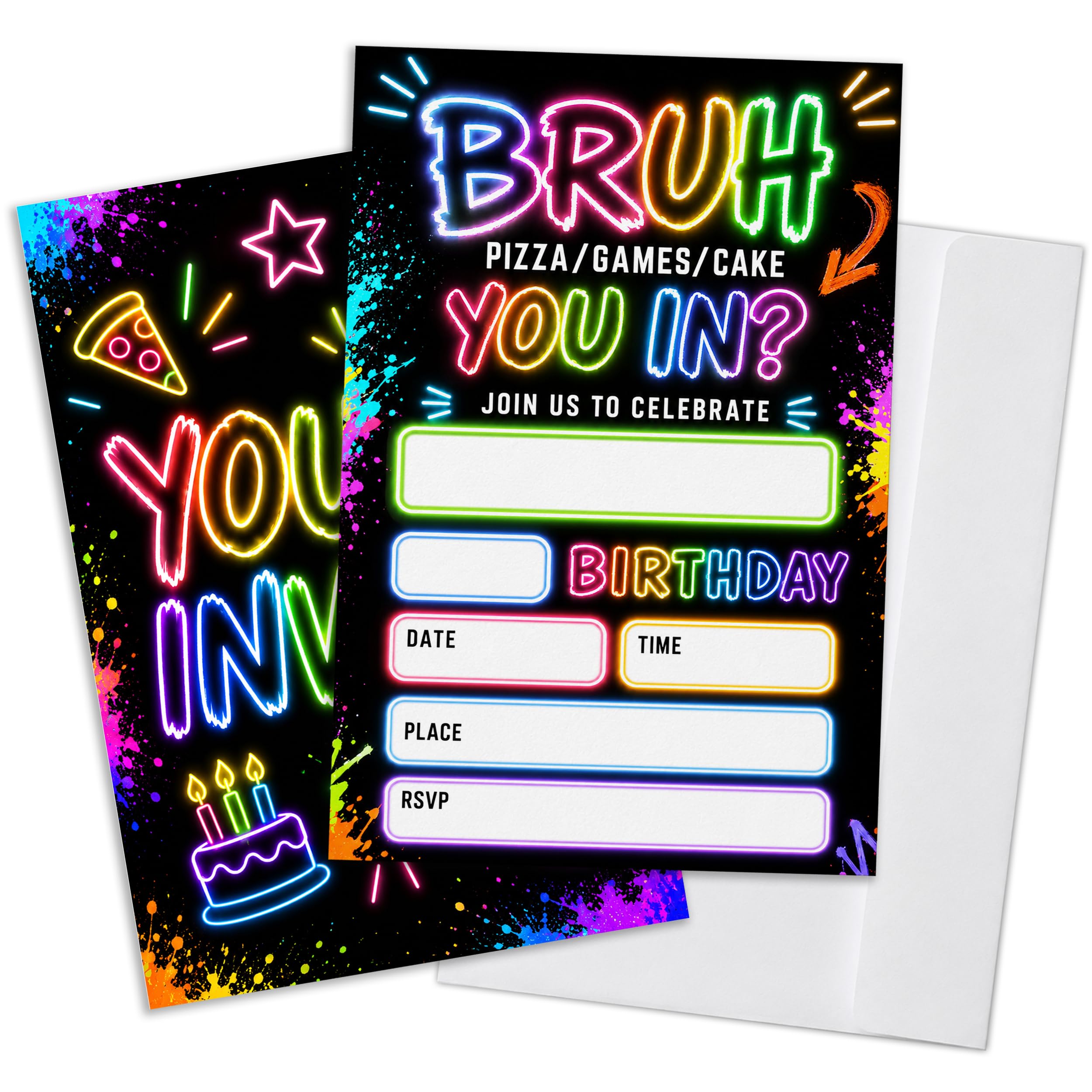 Qoamp Neon Glow Bruh You in Birthday Invitations for Boys, Boys Games Birthday Party Invitations，Set of 20 Invites Cards Fill in Blank with Envelopes, Double Sided, 4x6 Inches