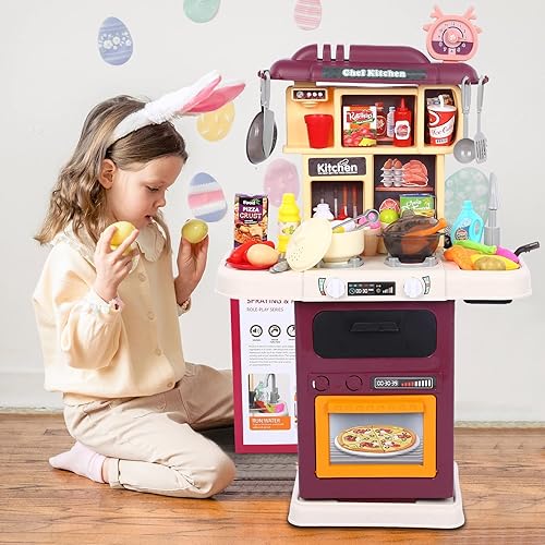 Miniatura 8 de Juego de cocina para niños pequeños 64 piezas juego de cocina de simulación con estufas horno fregaderos olla juguetes de comida de simulación juego